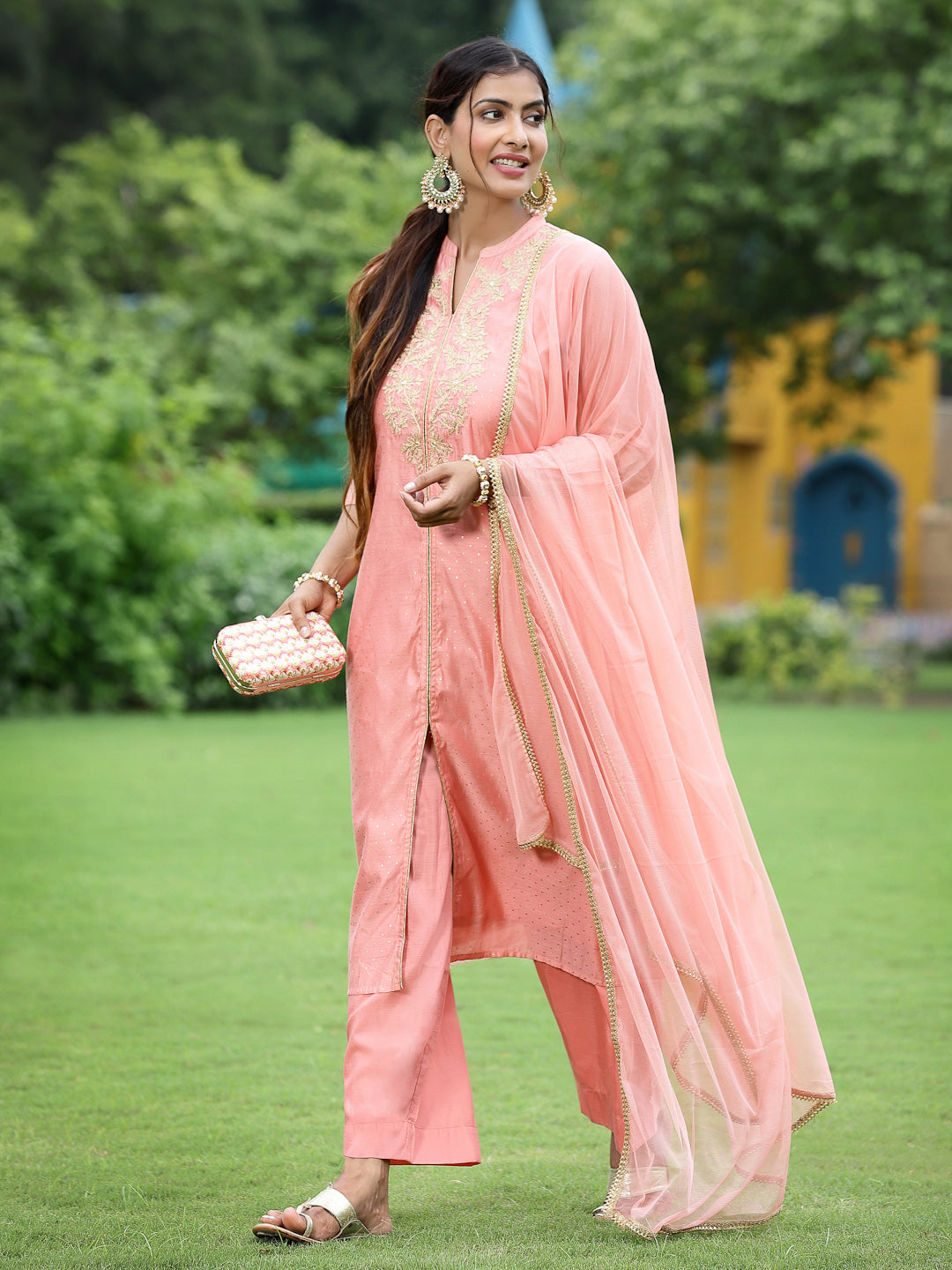 Peach Chanderi Festive Embroidered Polka Dot Printed A-line Kurta Set - Image 5