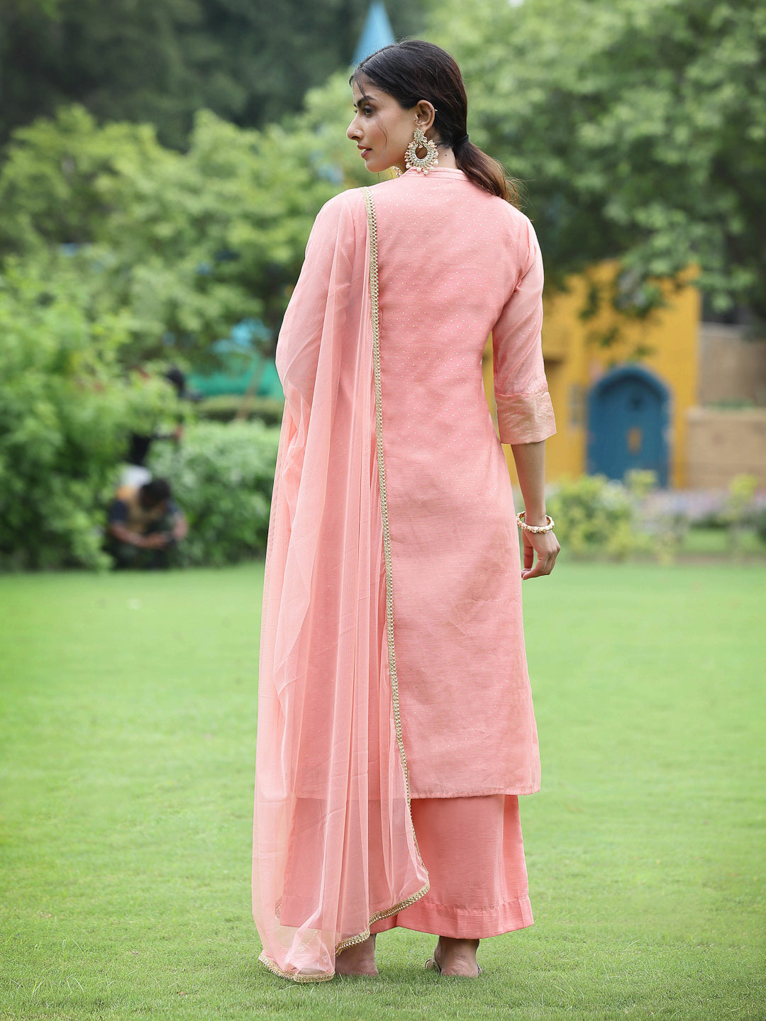 Peach Chanderi Festive Embroidered Polka Dot Printed A-line Kurta Set - Image 2