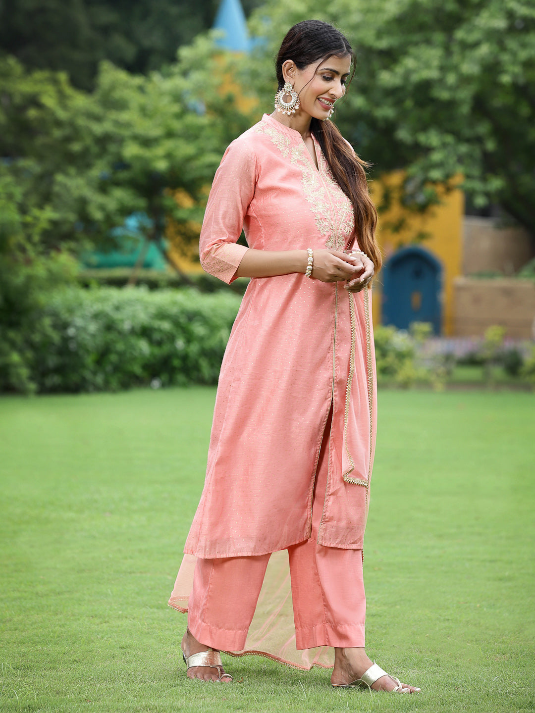 Peach Chanderi Festive Embroidered Polka Dot Printed A-line Kurta Set - Image 3
