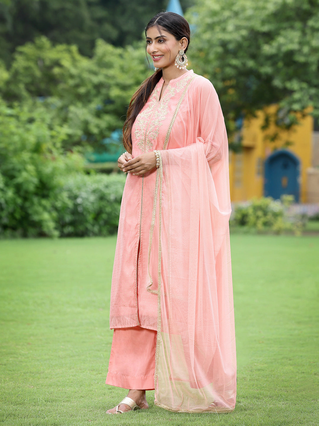 Peach Chanderi Festive Embroidered Polka Dot Printed A-line Kurta Set - Image 4