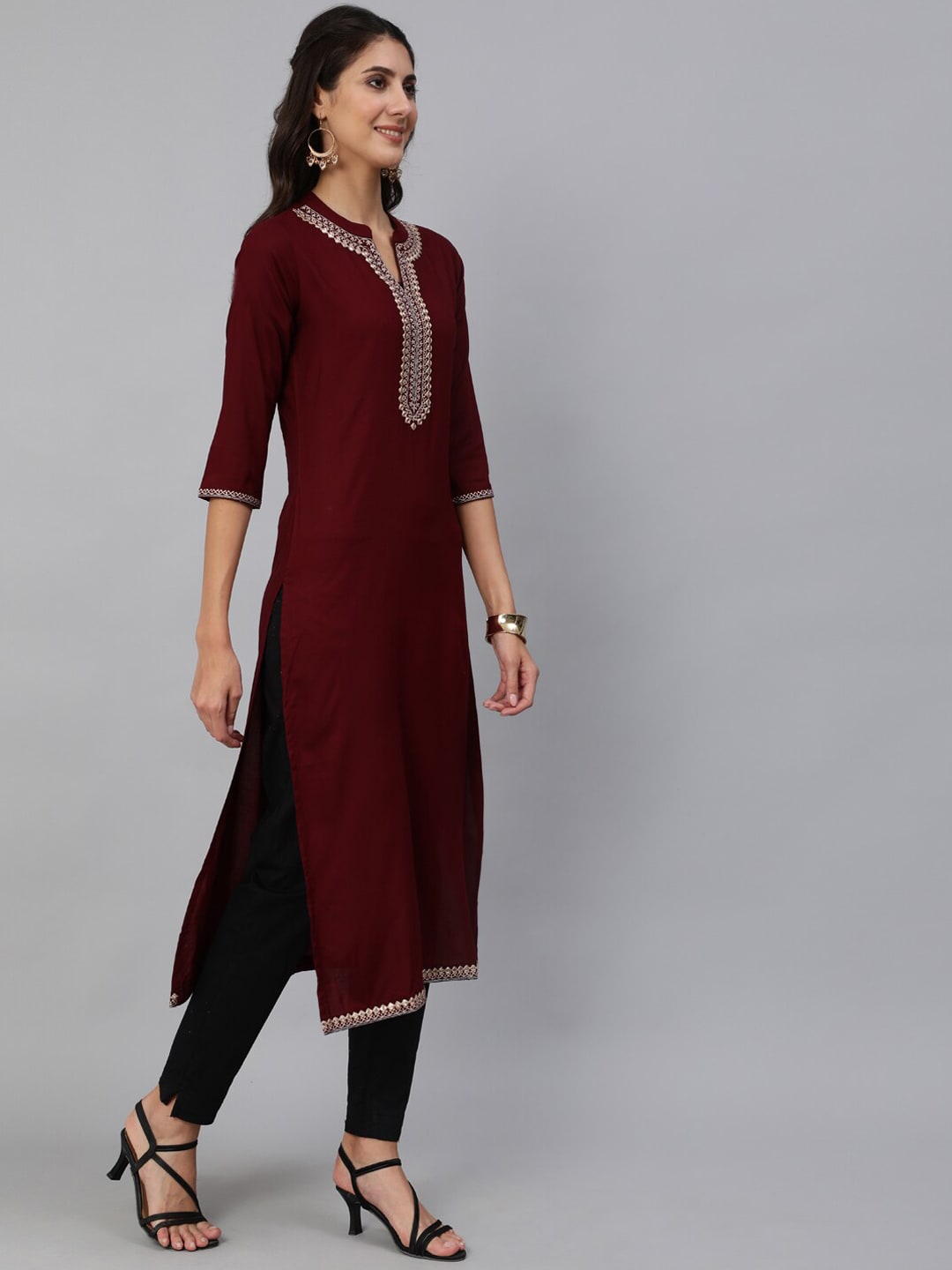 Women Burgundy Embroidered Straight Kurta With Three Quarter Sleeves - Image 3