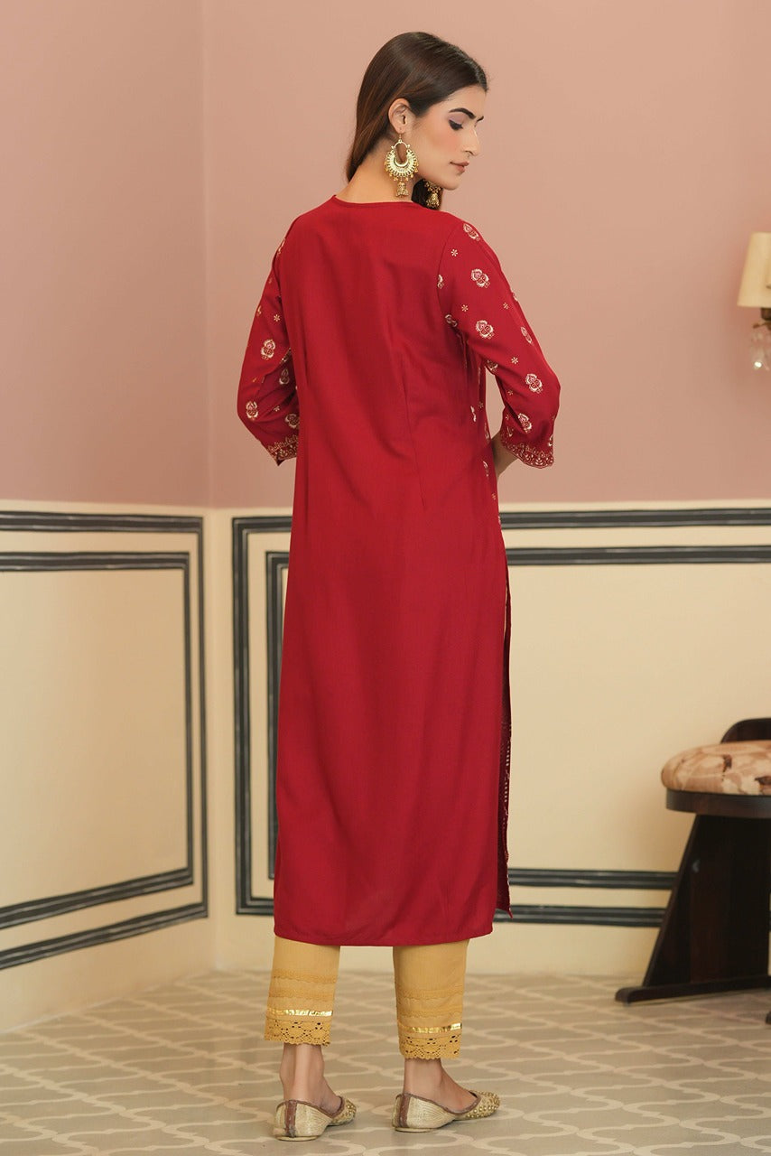 Maroon Rayon Festive Printed Straight Kurta - Image 2