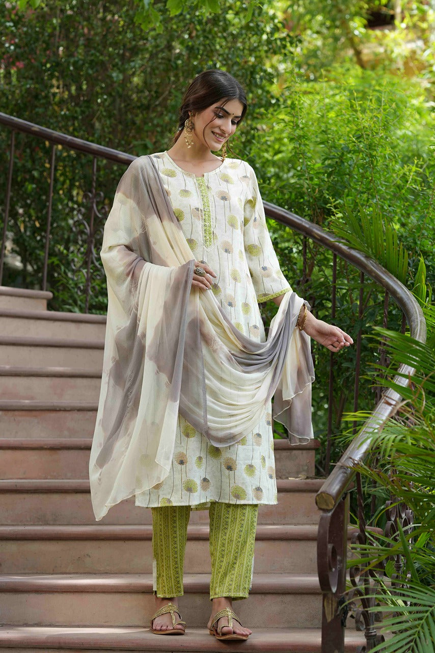 Green Rayon Casual Wear Printed Straight Kurta Pant Dupatta Set - Image 3