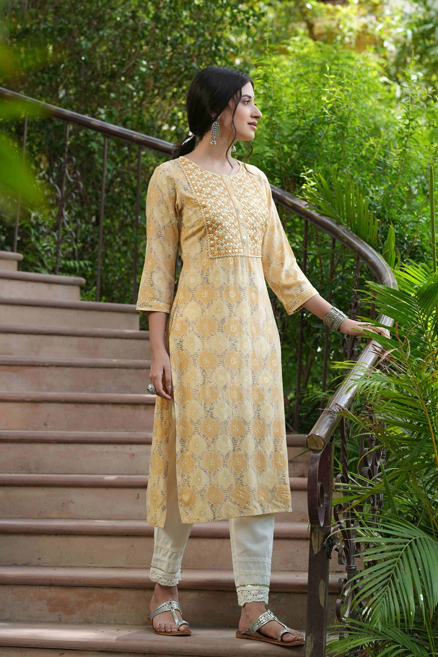 Beige Muslin Festive Wear Mirror Work Straight Kurta - Image 2