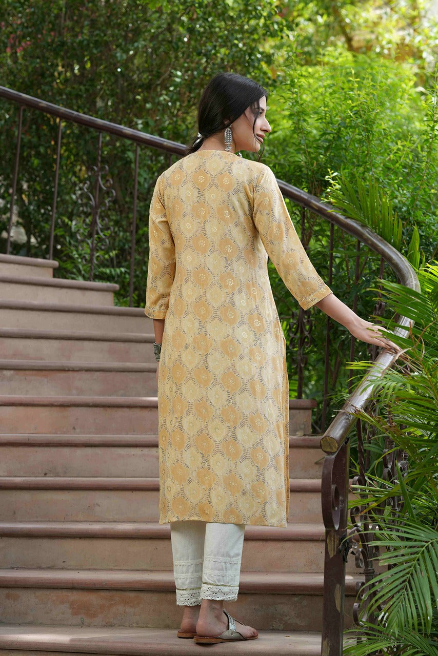 Beige Muslin Festive Wear Mirror Work Straight Kurta - Image 3