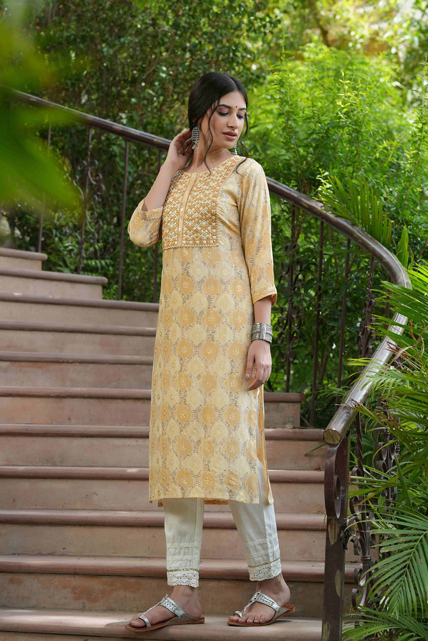 Beige Muslin Festive Wear Mirror Work Straight Kurta - Image 4