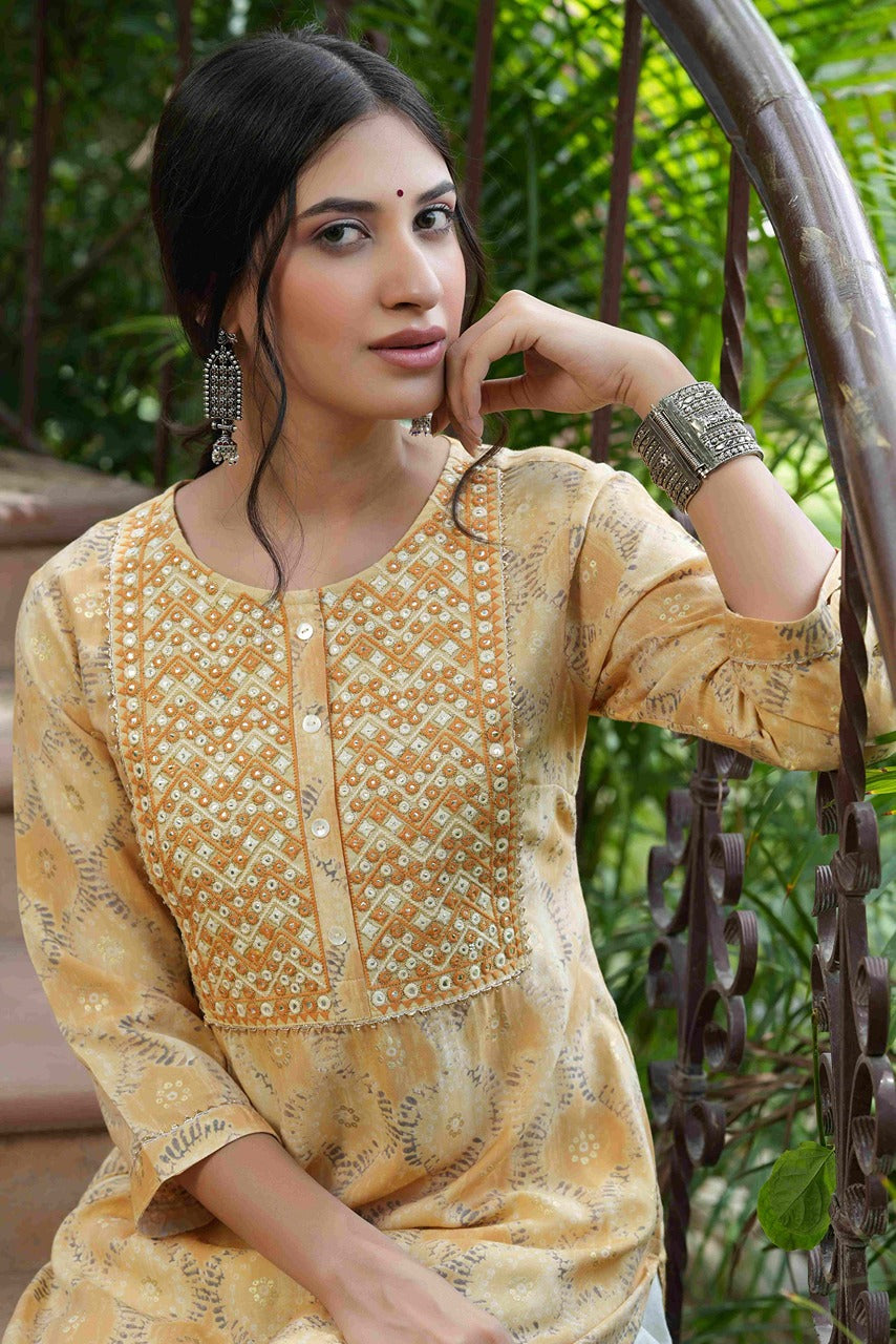 Beige Muslin Festive Wear Mirror Work Straight Kurta - Image 5