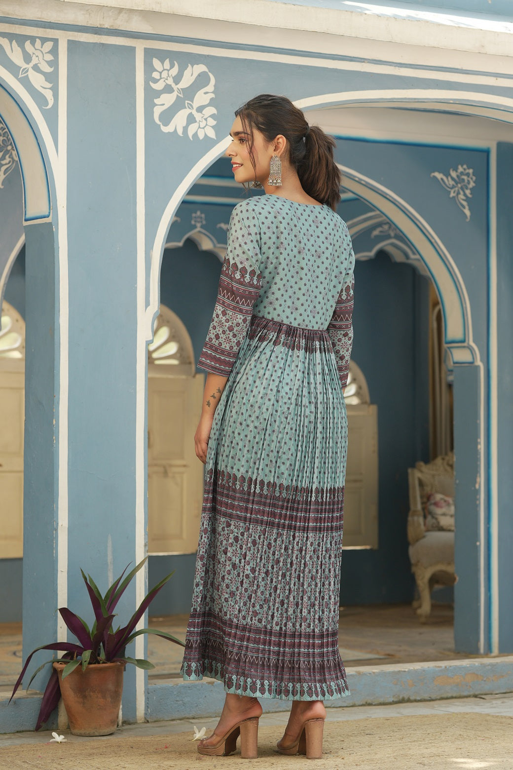 Sky Blue Ethnic Motif Printed Muslin Maxi Dress With Beads Work - Image 2