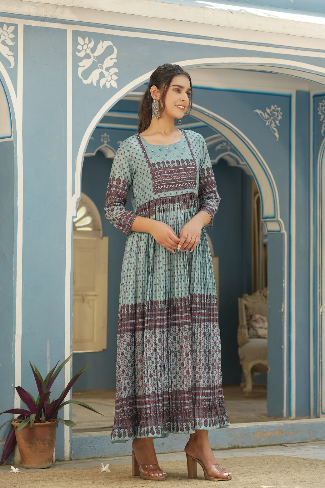 Sky Blue Ethnic Motif Printed Muslin Maxi Dress With Beads Work - Image 3