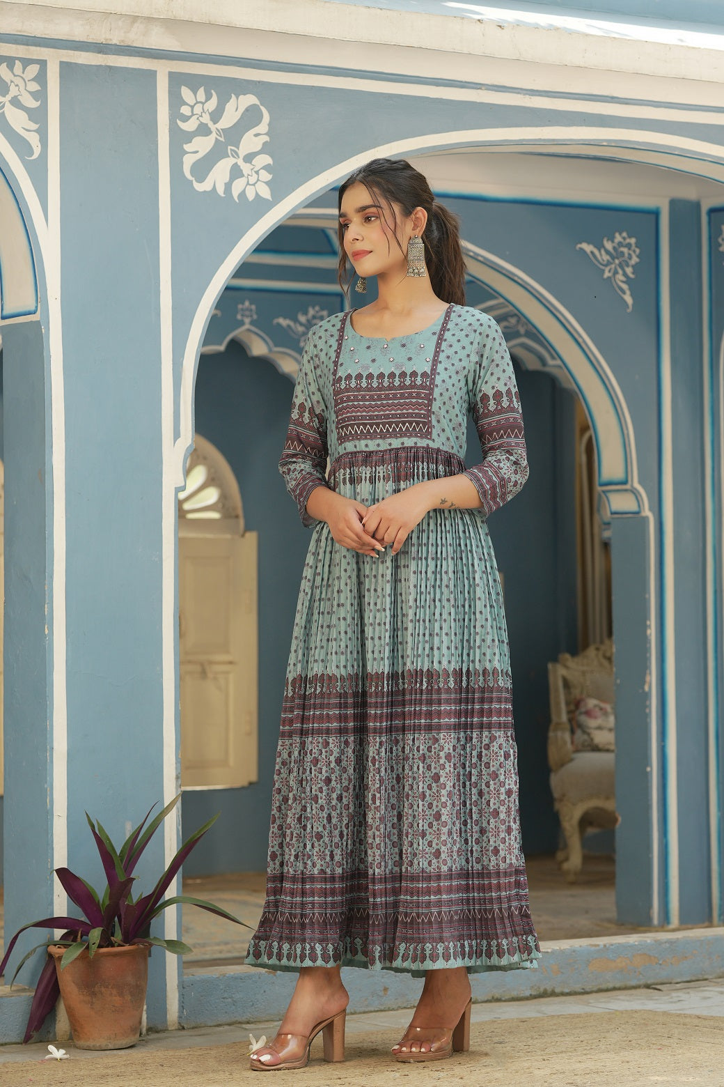 Sky Blue Ethnic Motif Printed Muslin Maxi Dress With Beads Work - Image 4
