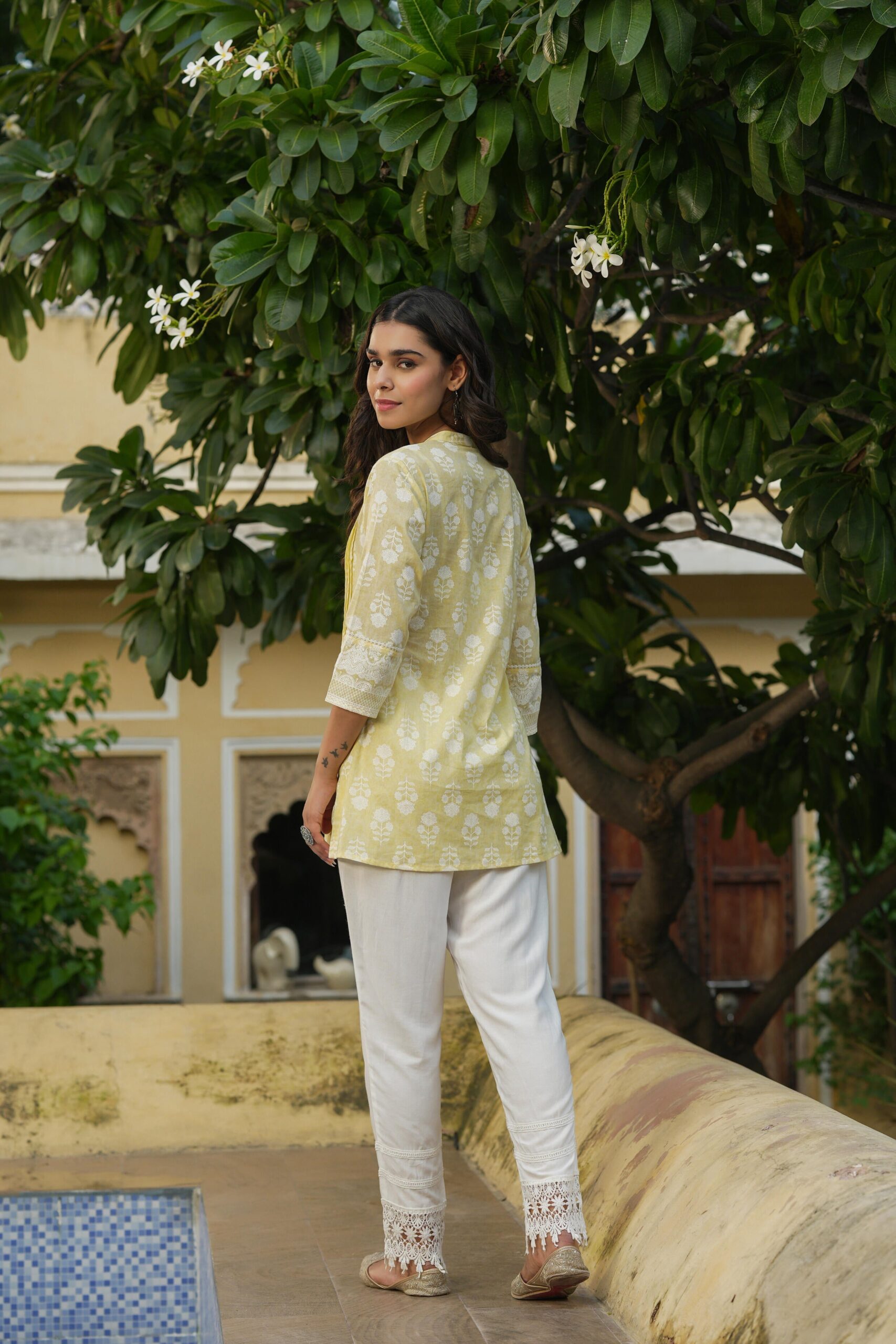 Yellow Cambric Placement Floral Printed Tunic - Image 2