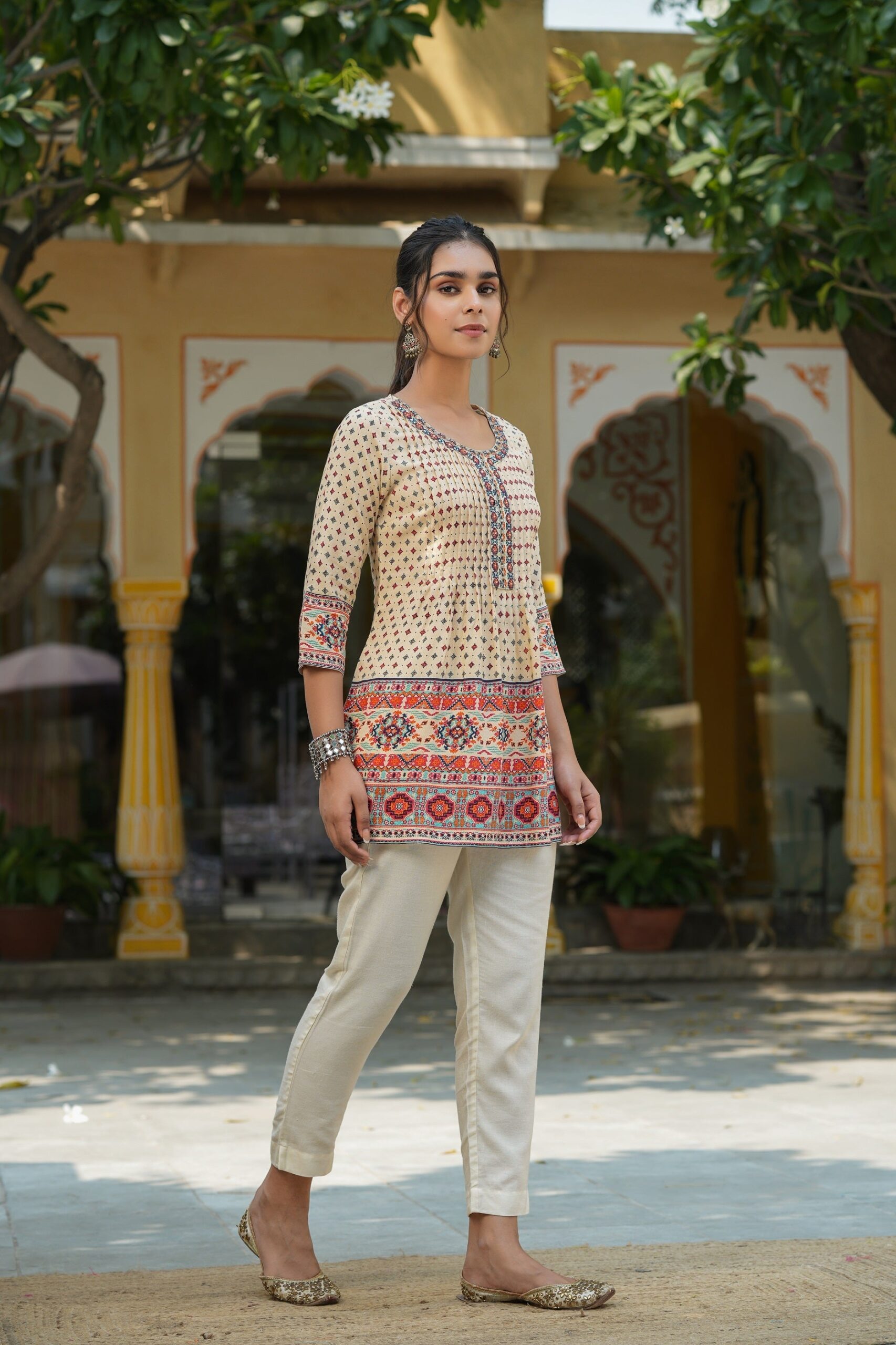 Beige Rayon Printed Embroidery Tunic - Image 3