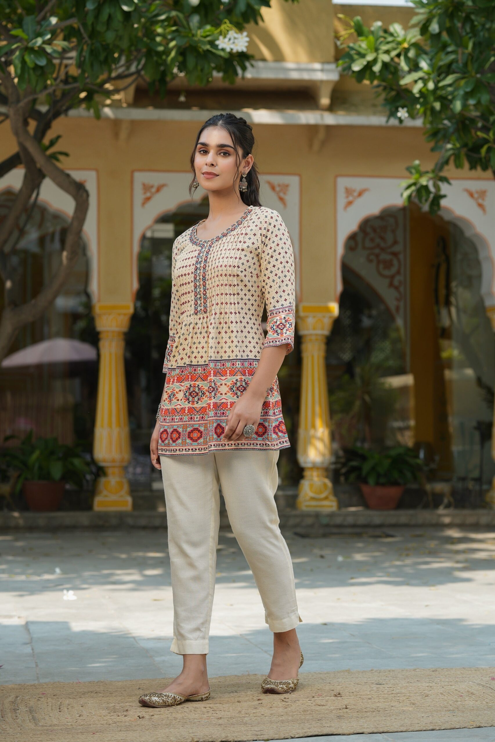 Beige Rayon Printed Embroidery Tunic - Image 4