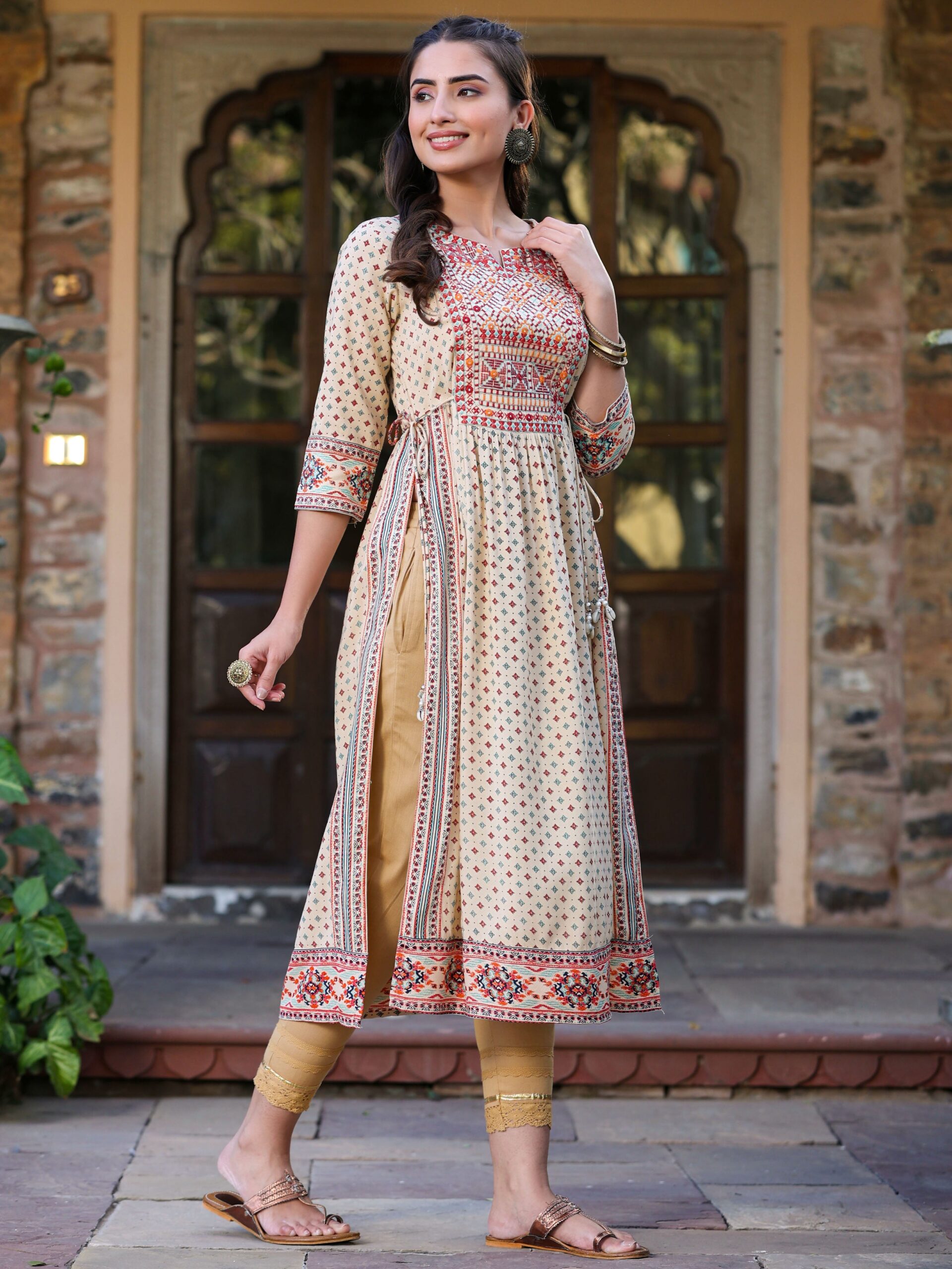 Beige Rayon Printed Embroidered Straight Kurta - Image 3