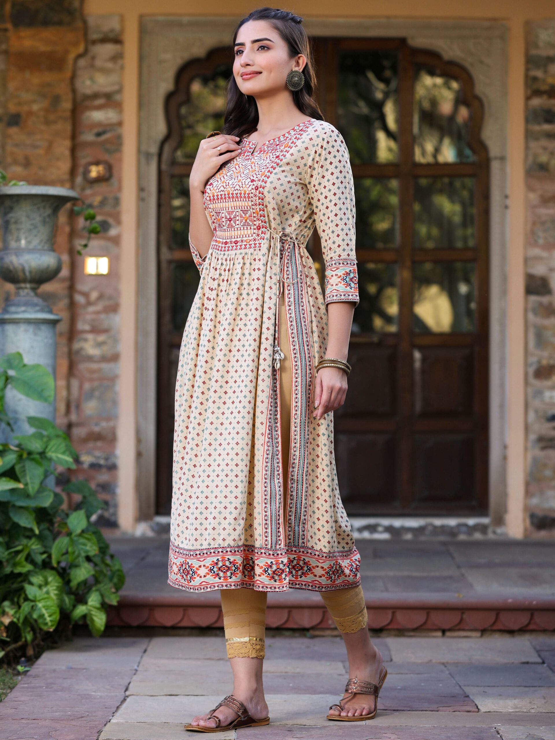Beige Rayon Printed Embroidered Straight Kurta - Image 4