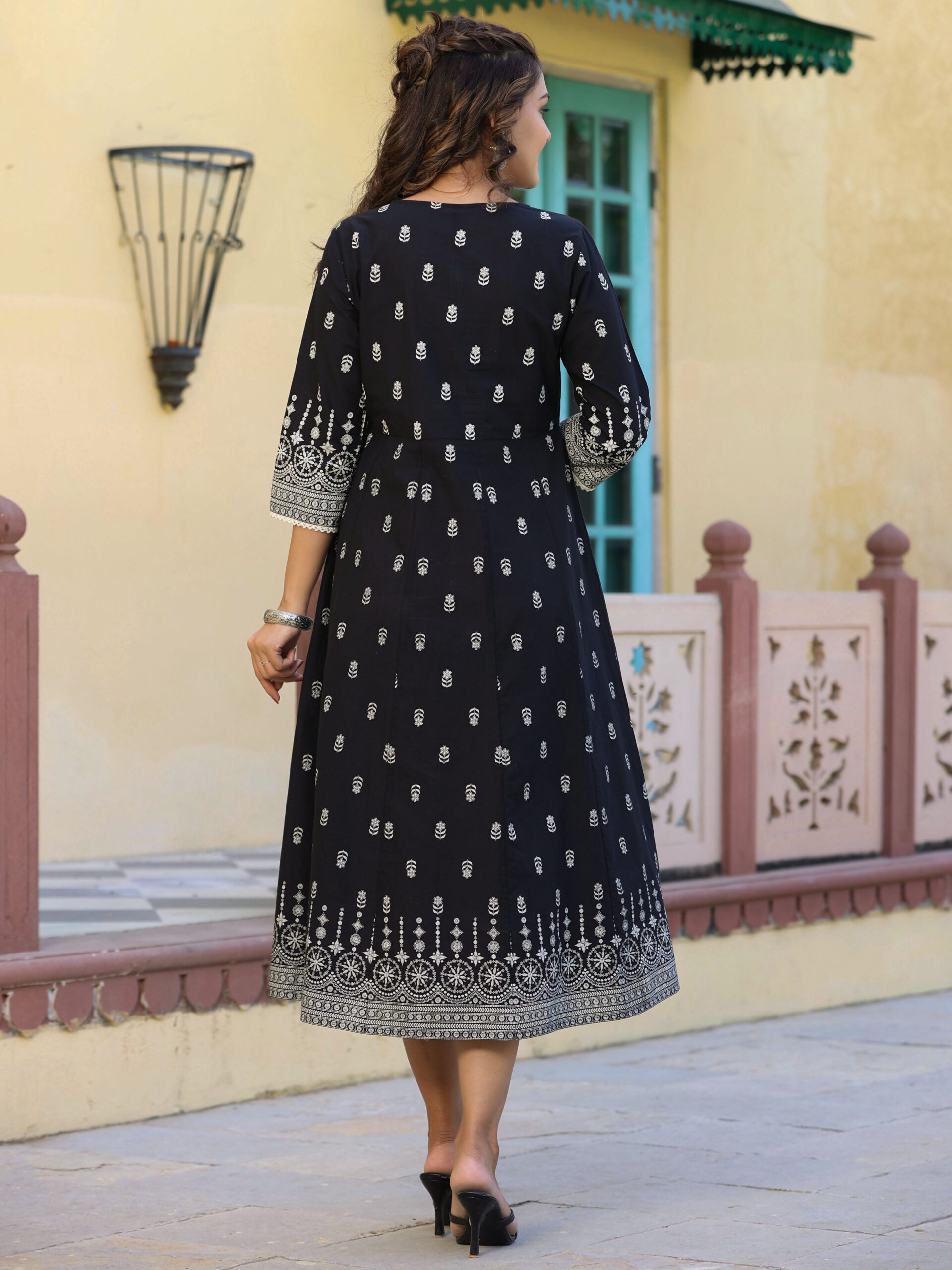 Black Printed Anarkali Flared Dress - Image 2