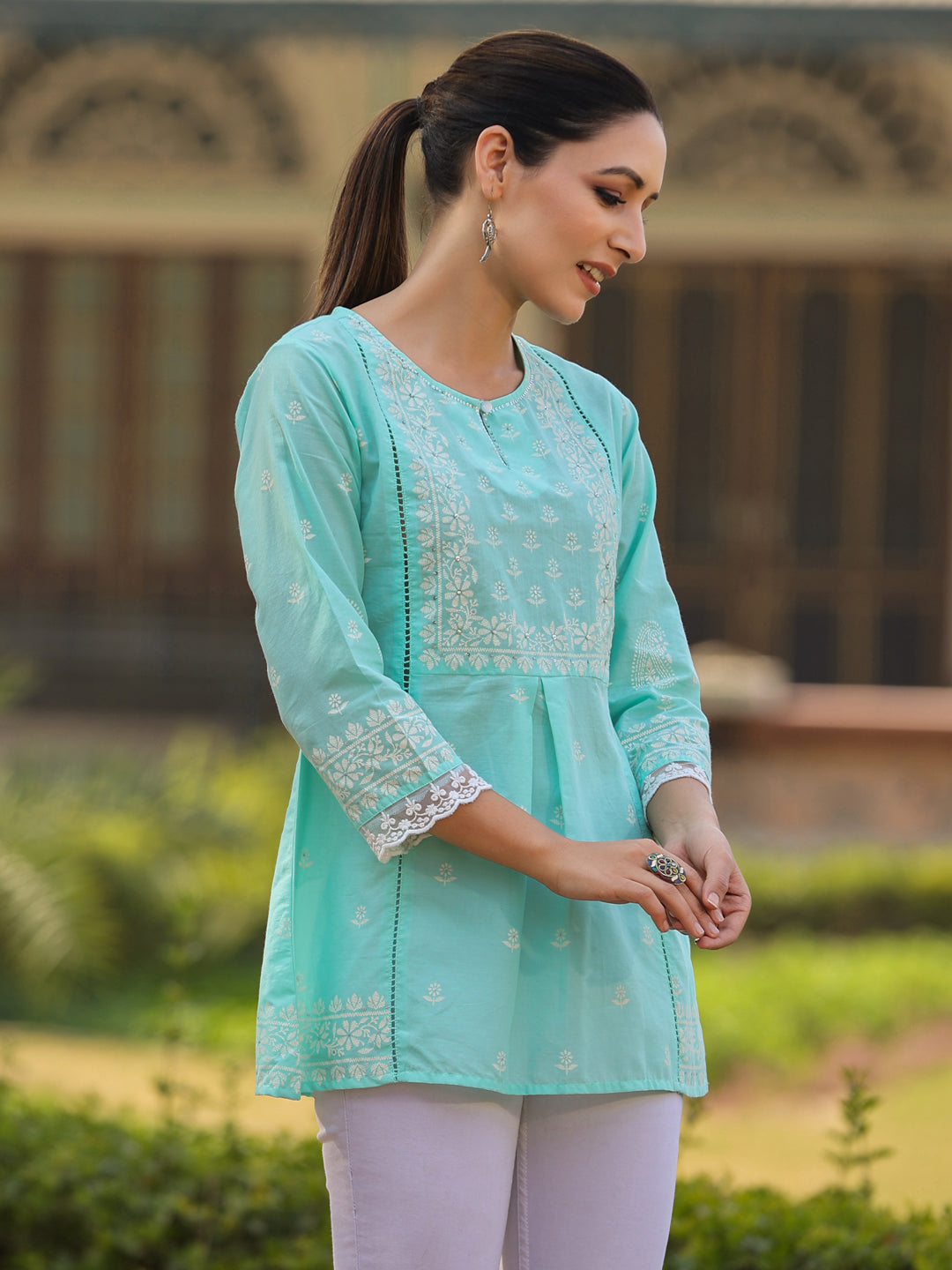Aqua Cambric Floral Printed Tunic - Image 3