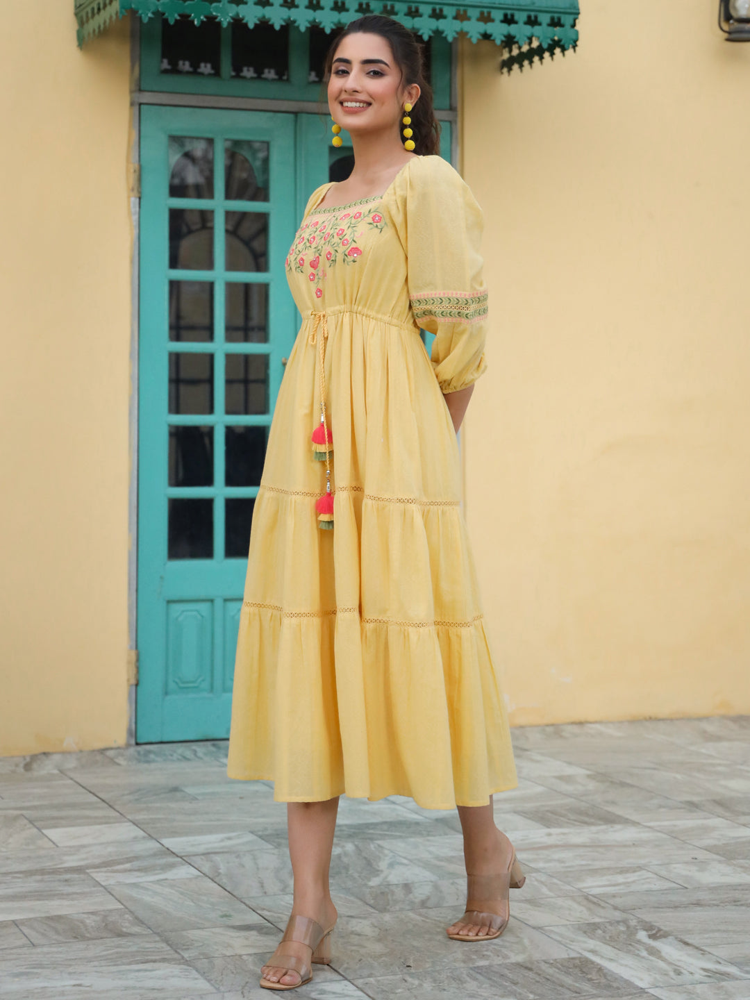 Yellow Cotton Dobby Embroidery Flared Dress - Image 2