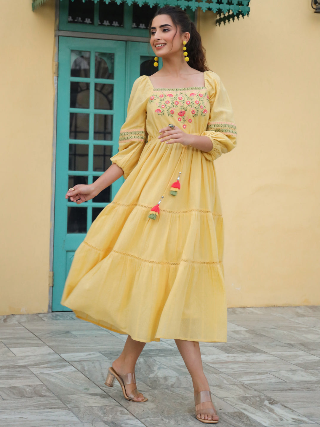Yellow Cotton Dobby Embroidery Flared Dress - Image 3