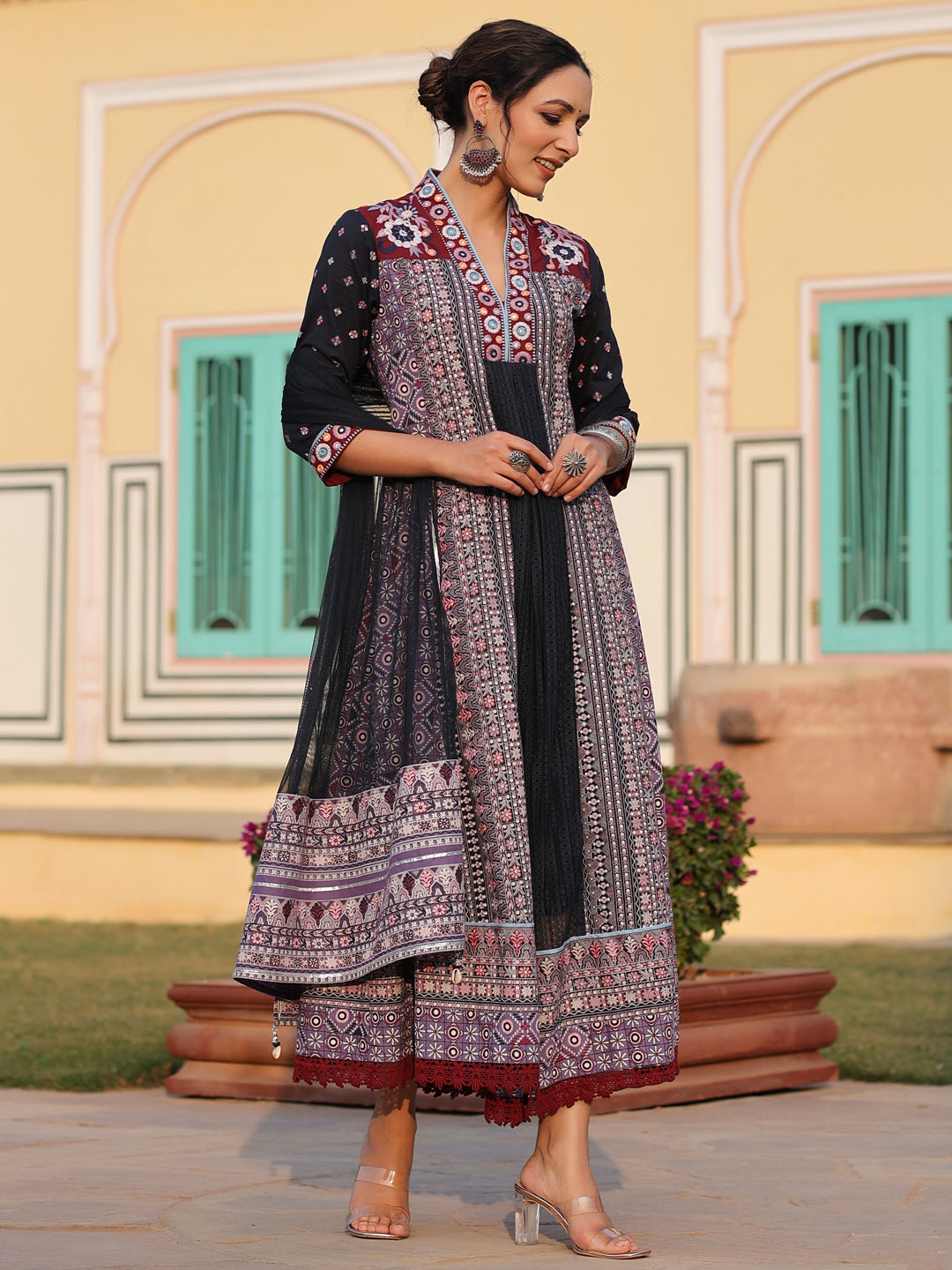 Lavender Cotton Cambric Tribal Printed With Embroidered Flared Kurta & Dupatta Set - Image 3