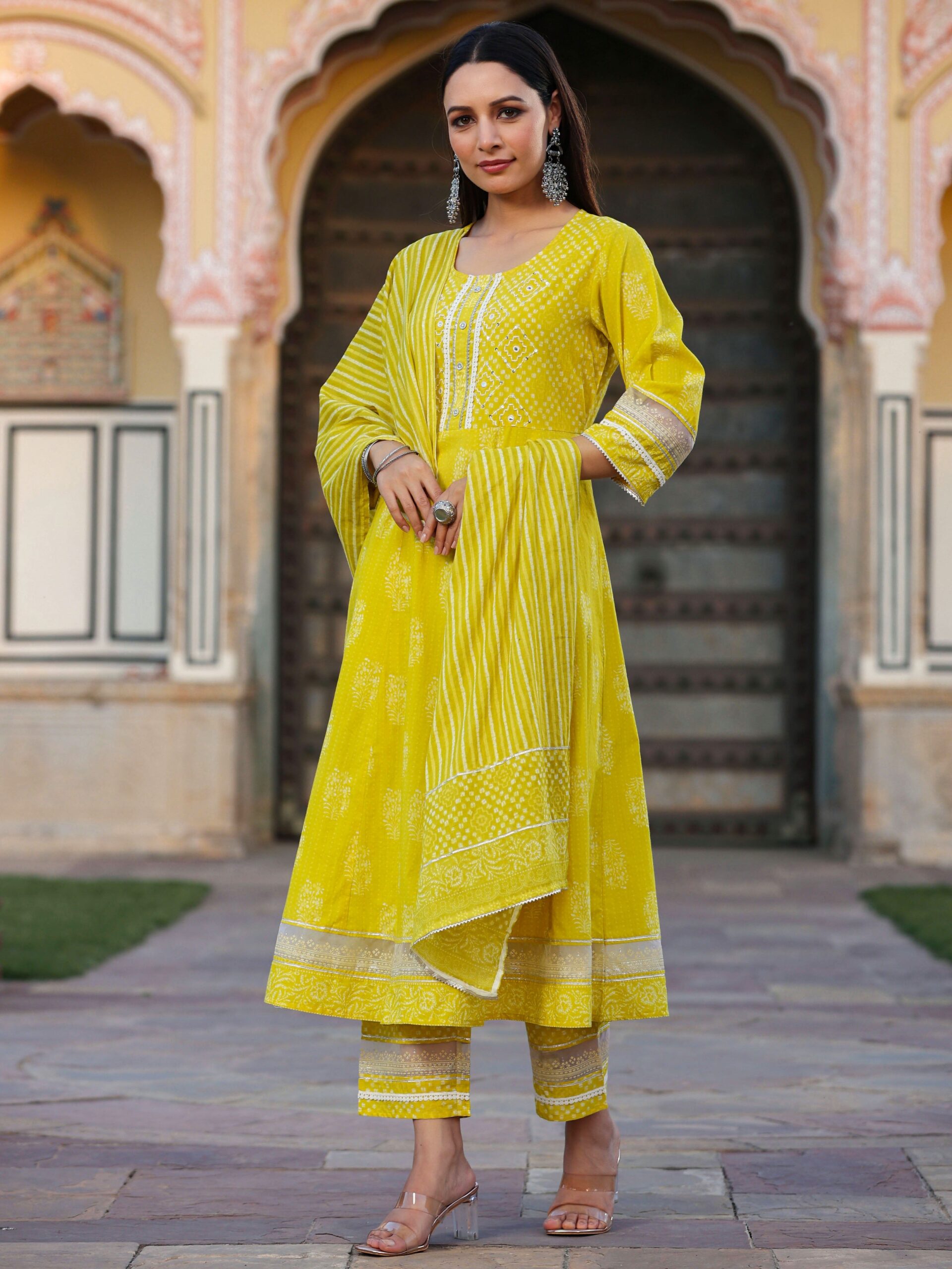 Lime Cotton Cambric Batik Texture Printed Anarkali Kurta, Pants And Dupatta Set - Image 4
