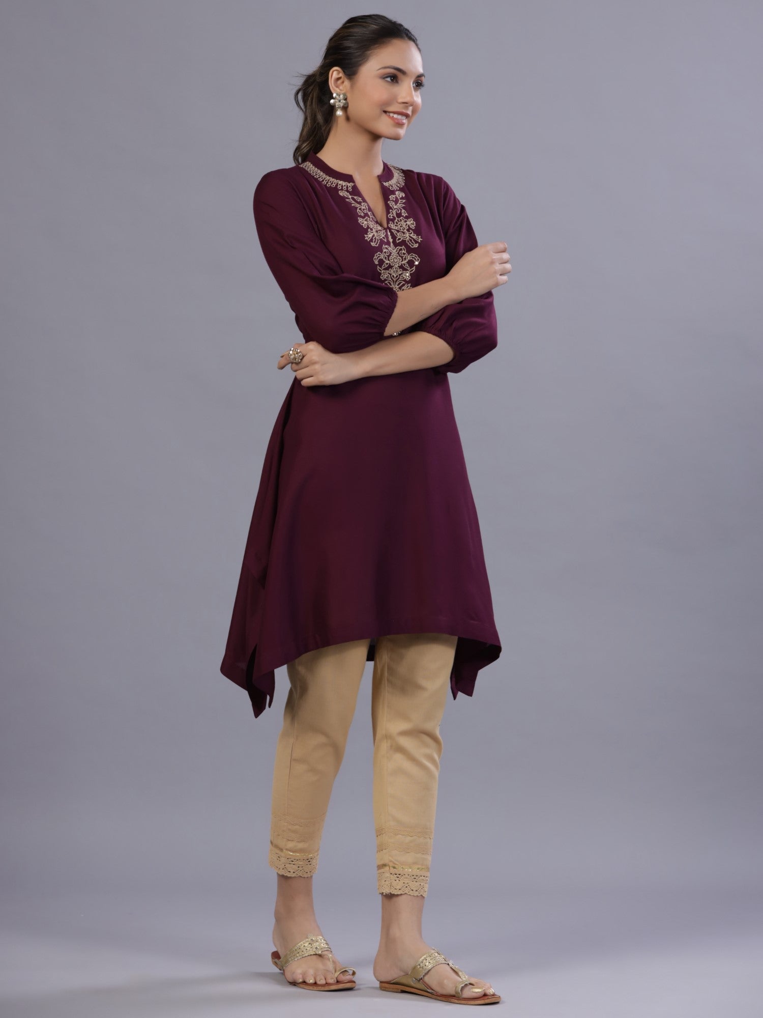 Wine Rayon Embroidered Asymmetric Kurta - Image 3