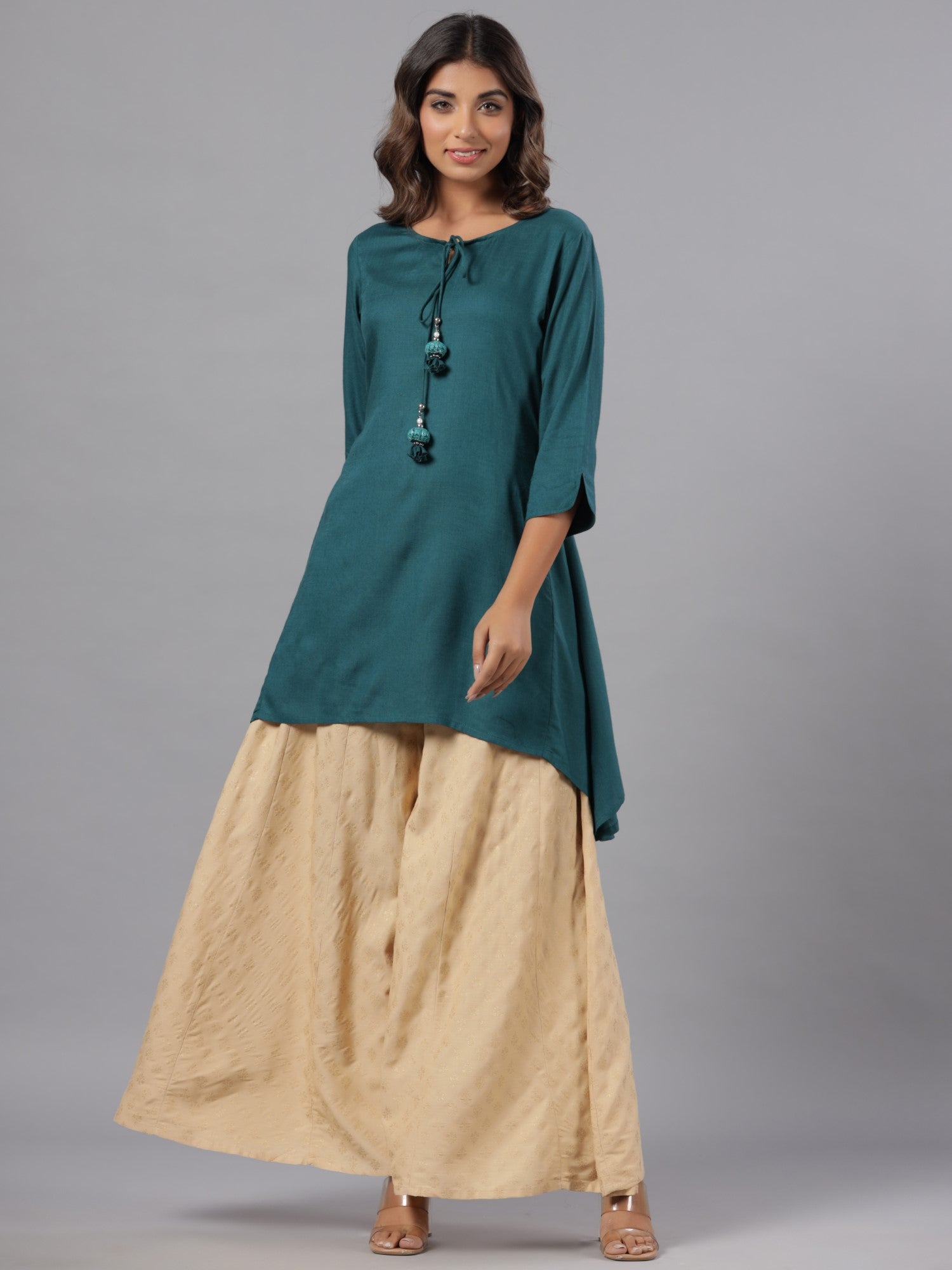 Teal Rayon Solid Asymmetric Kurta - Image 4