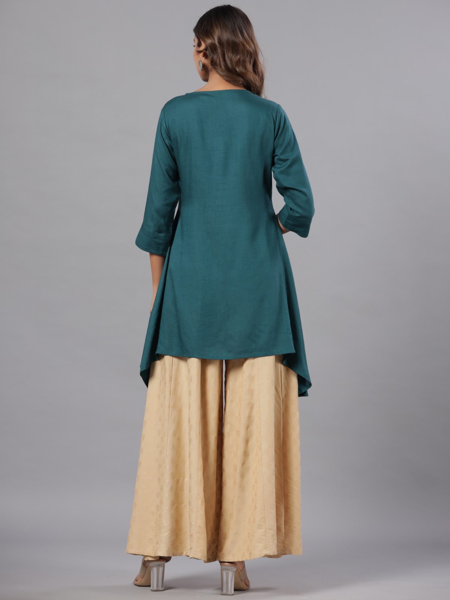 Teal Rayon Solid Asymmetric Kurta - Image 2