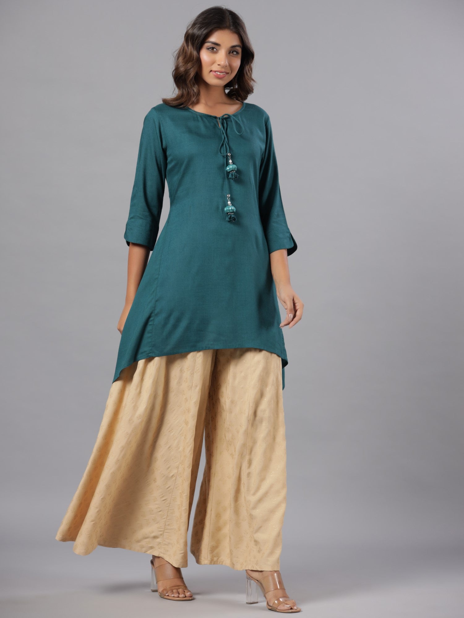 Teal Rayon Solid Asymmetric Kurta - Image 3