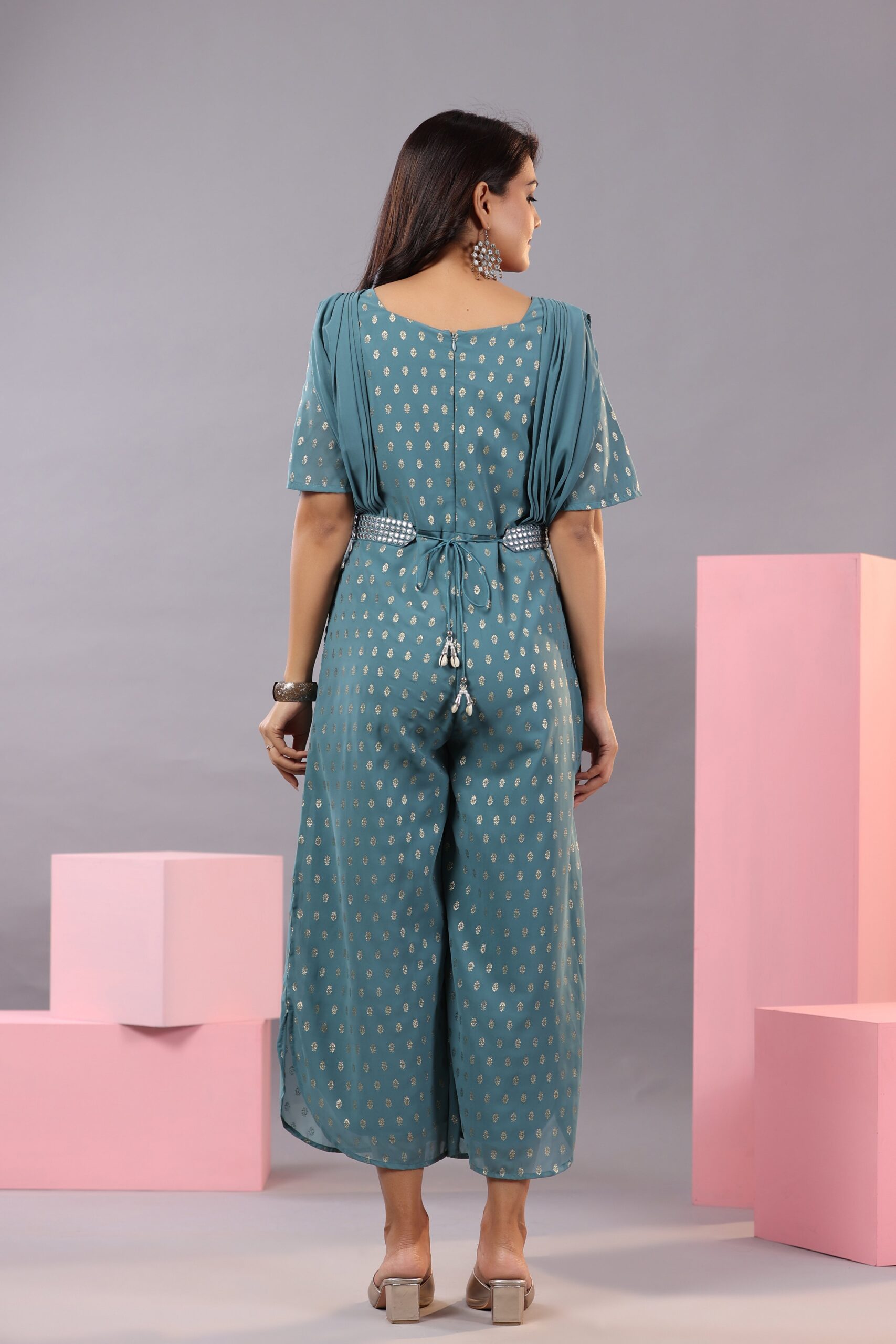 Teal Georgette Foil Printed Draped Jumpsuit - Image 4