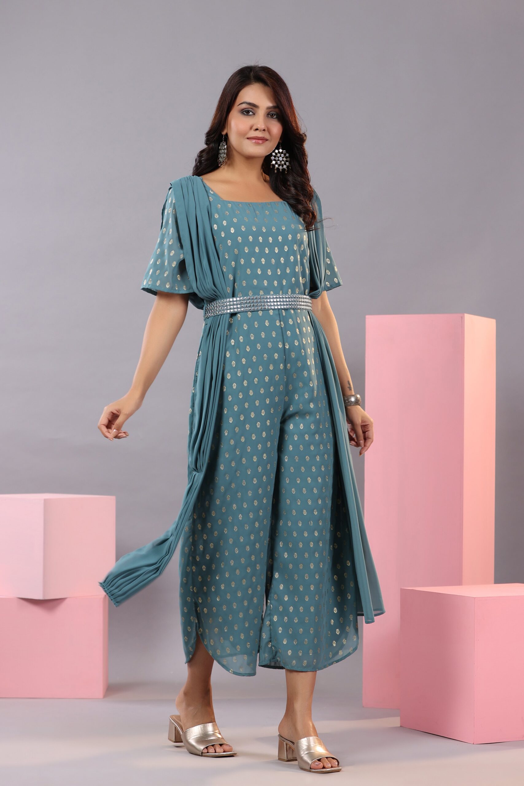 Teal Georgette Foil Printed Draped Jumpsuit - Image 2