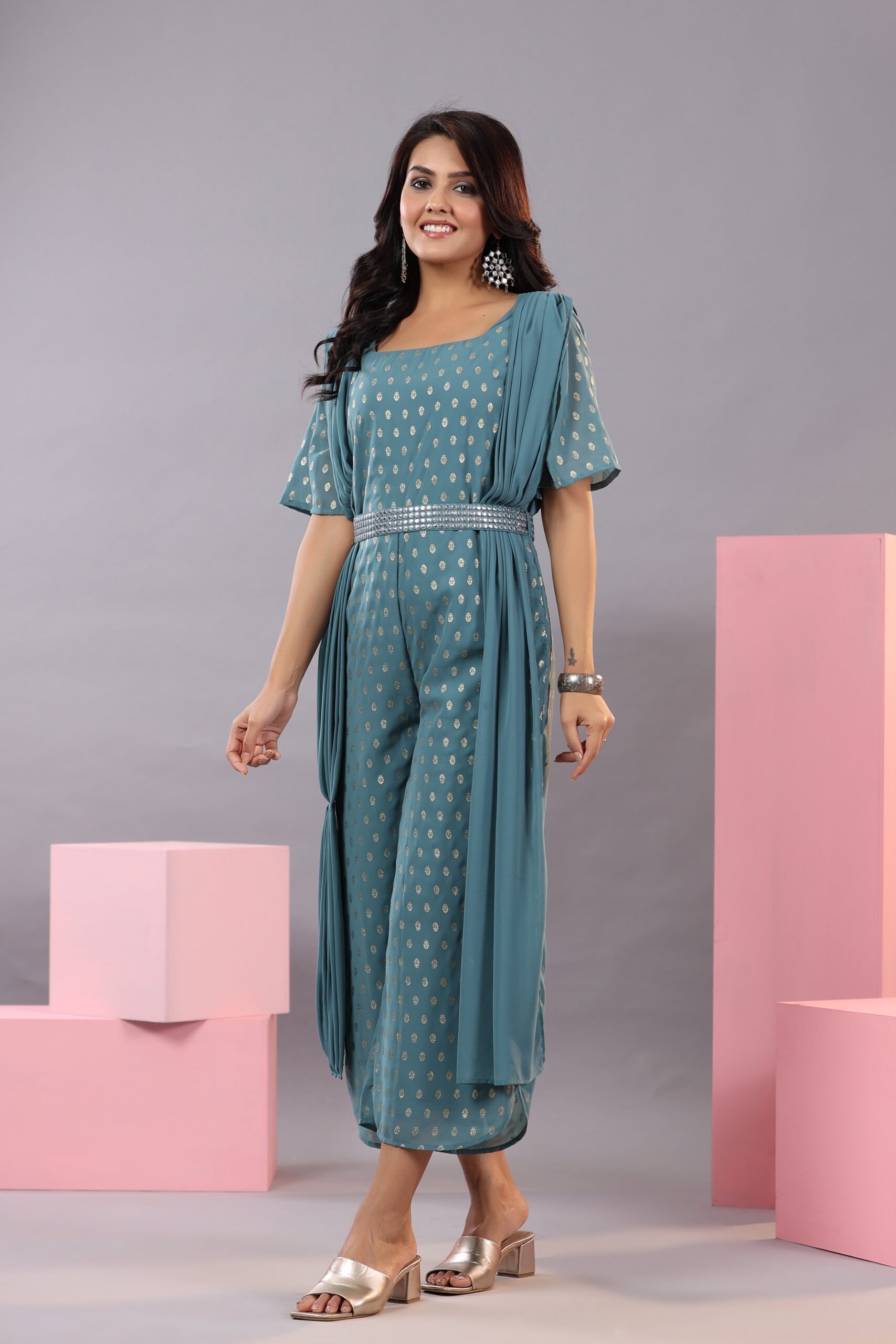 Teal Georgette Foil Printed Draped Jumpsuit - Image 3