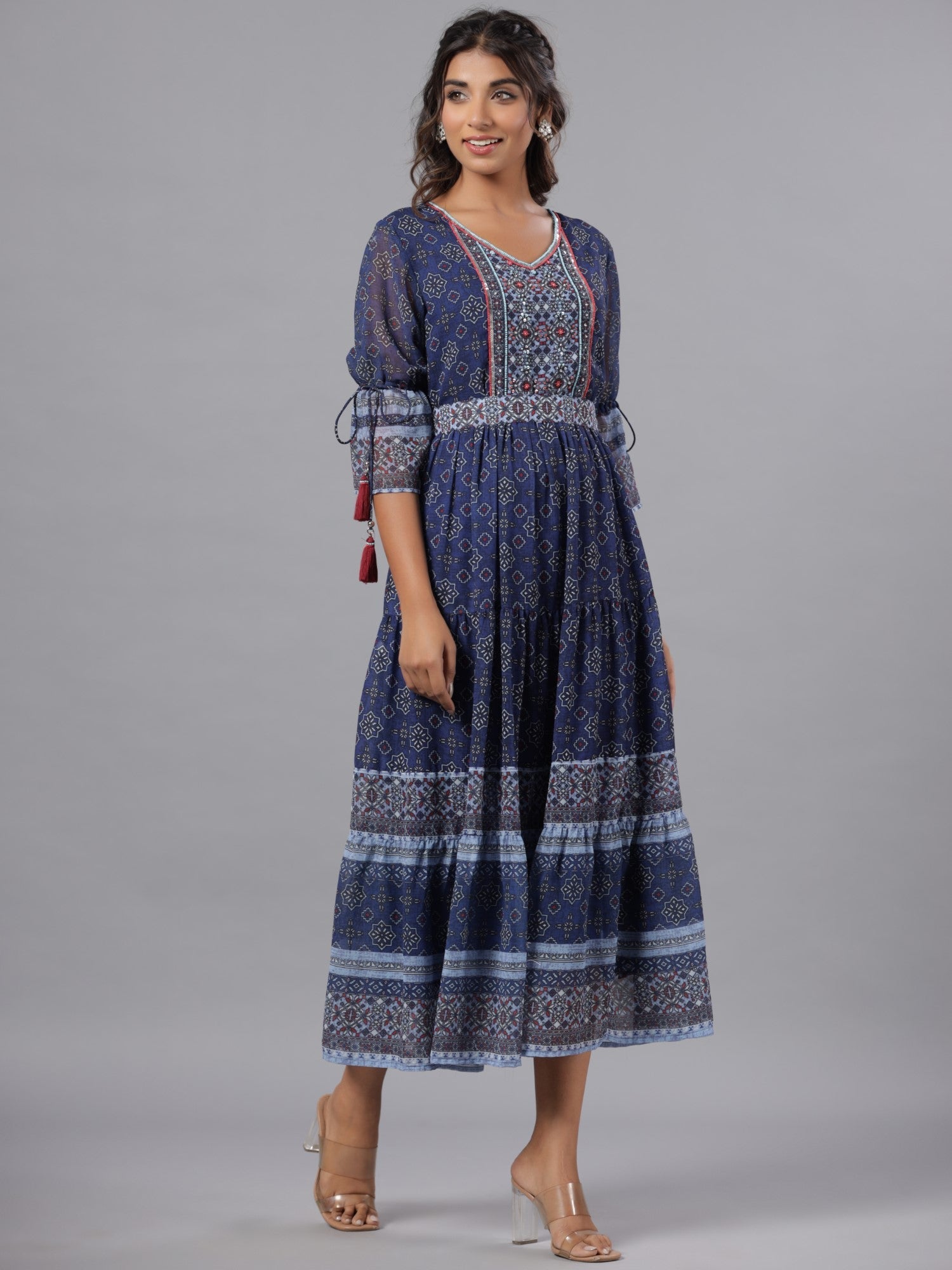 Navy Blue Georgette Geometric Printed Tiered Maxi Dress - Image 3