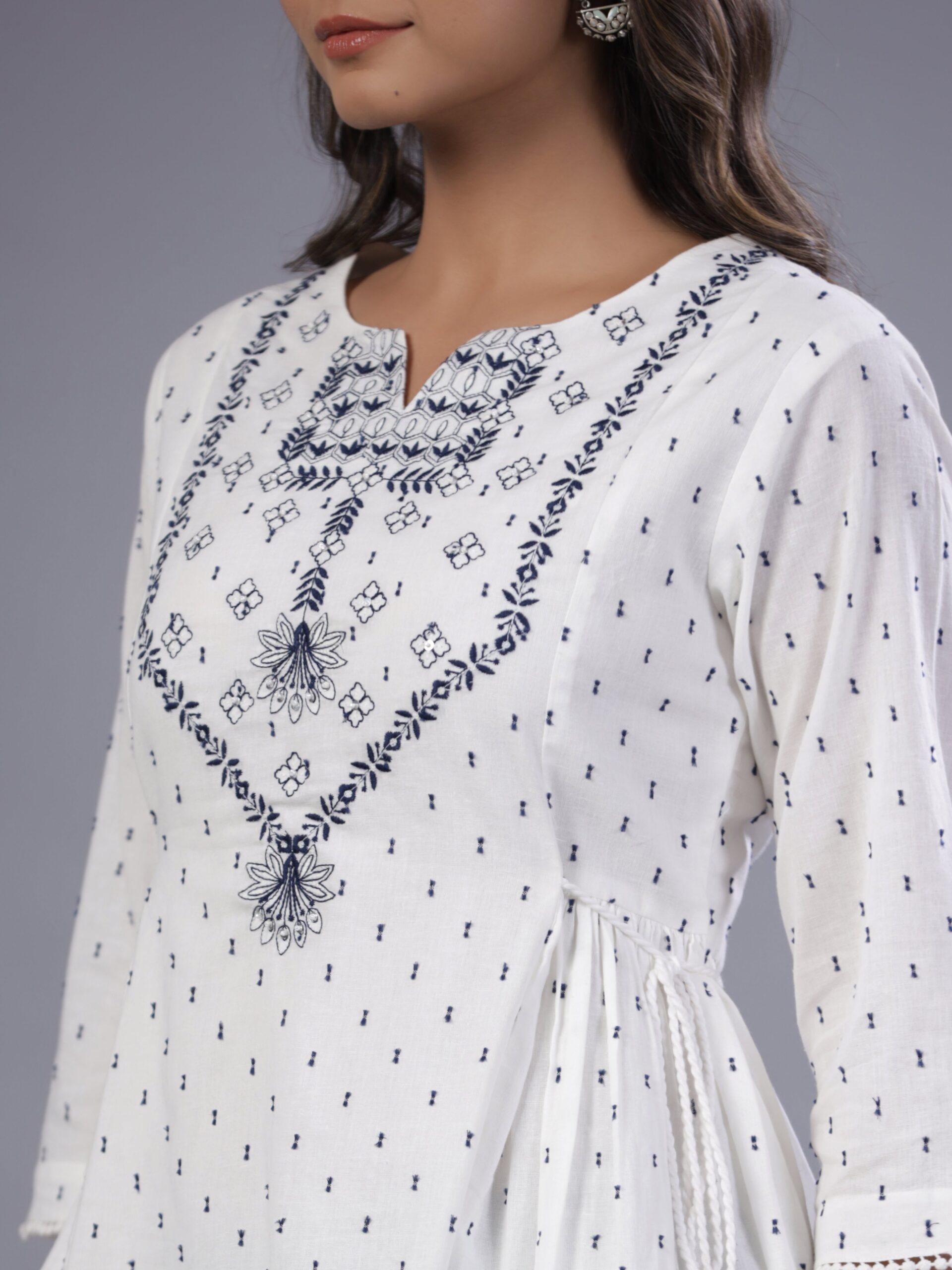Off-White Cotton Dobby Embroidered Tunic - Image 4