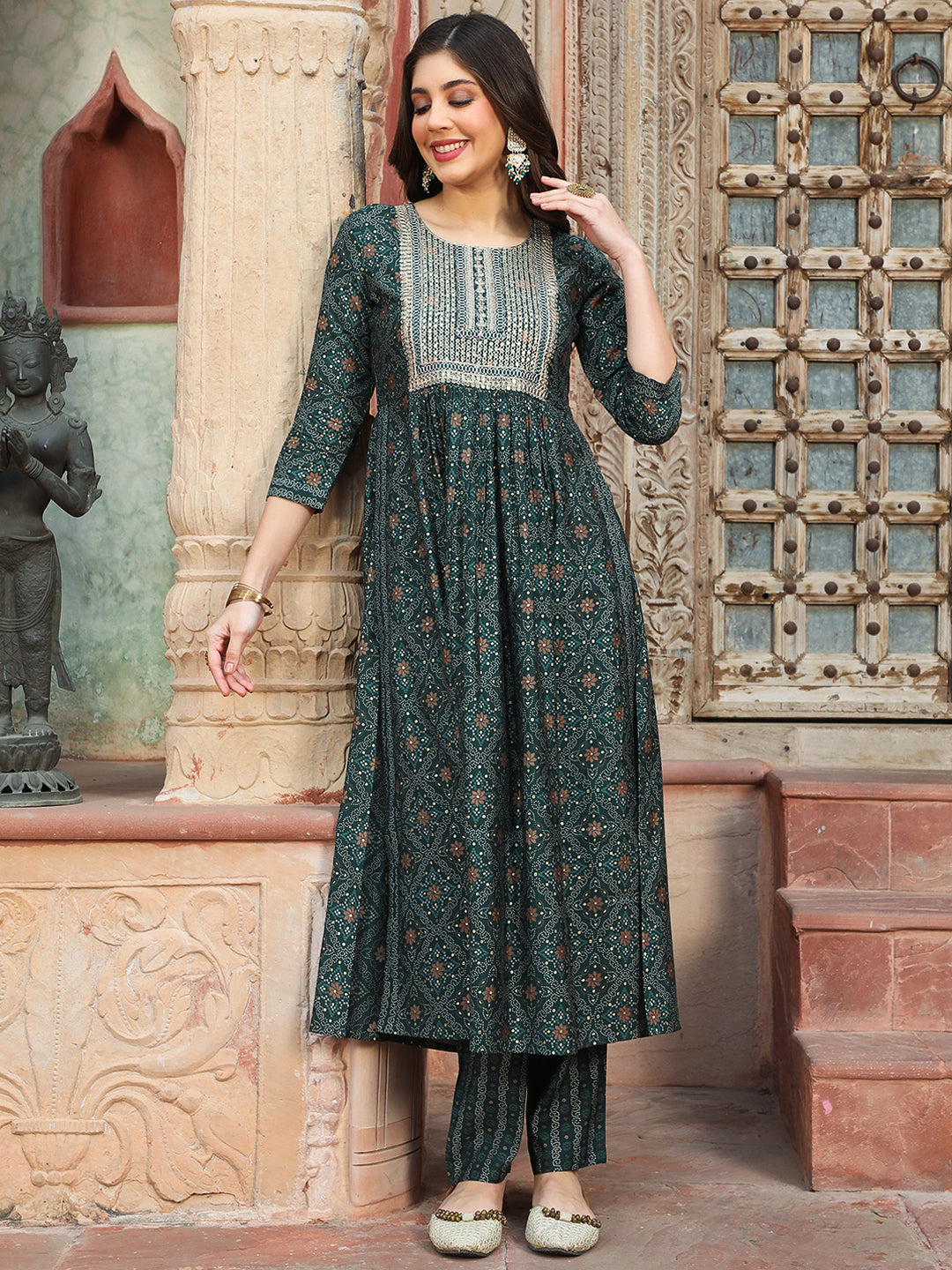 Rayon Calf Length Printed Semi-Flared 3/4 Sleeves Round Kurta Bottom Dupatta Set - Image 4