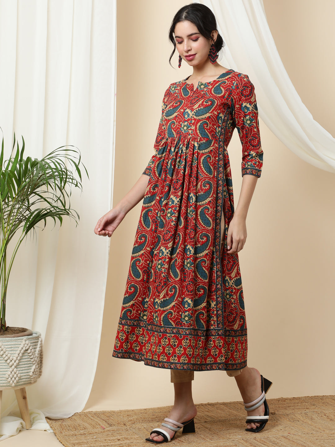 Rayon Calf Length Printed Semi-Flared 3/4 Sleeves Round Kurta - Image 4