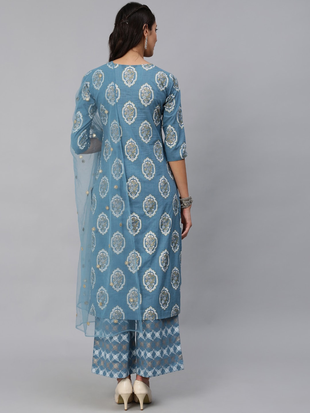 Women Blue & Gold Printed Kurta Set With Plazo & Dupatta - Image 6
