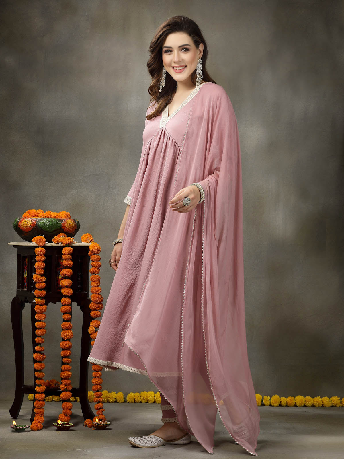 Solid Crepe Naira cut Kurta Pant Dupatta Set - Image 11