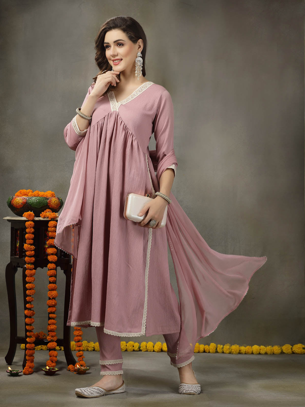 Solid Crepe Naira cut Kurta Pant Dupatta Set - Image 2