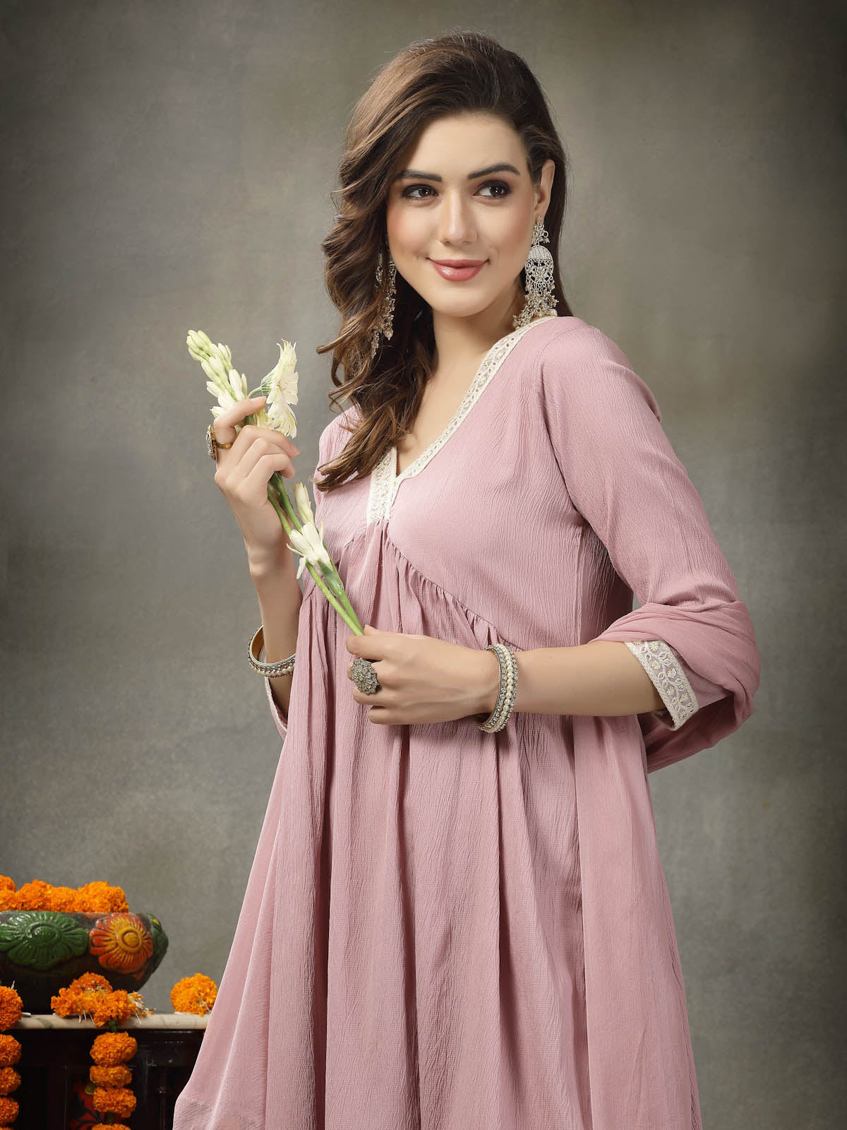 Solid Crepe Naira cut Kurta Pant Dupatta Set - Image 7