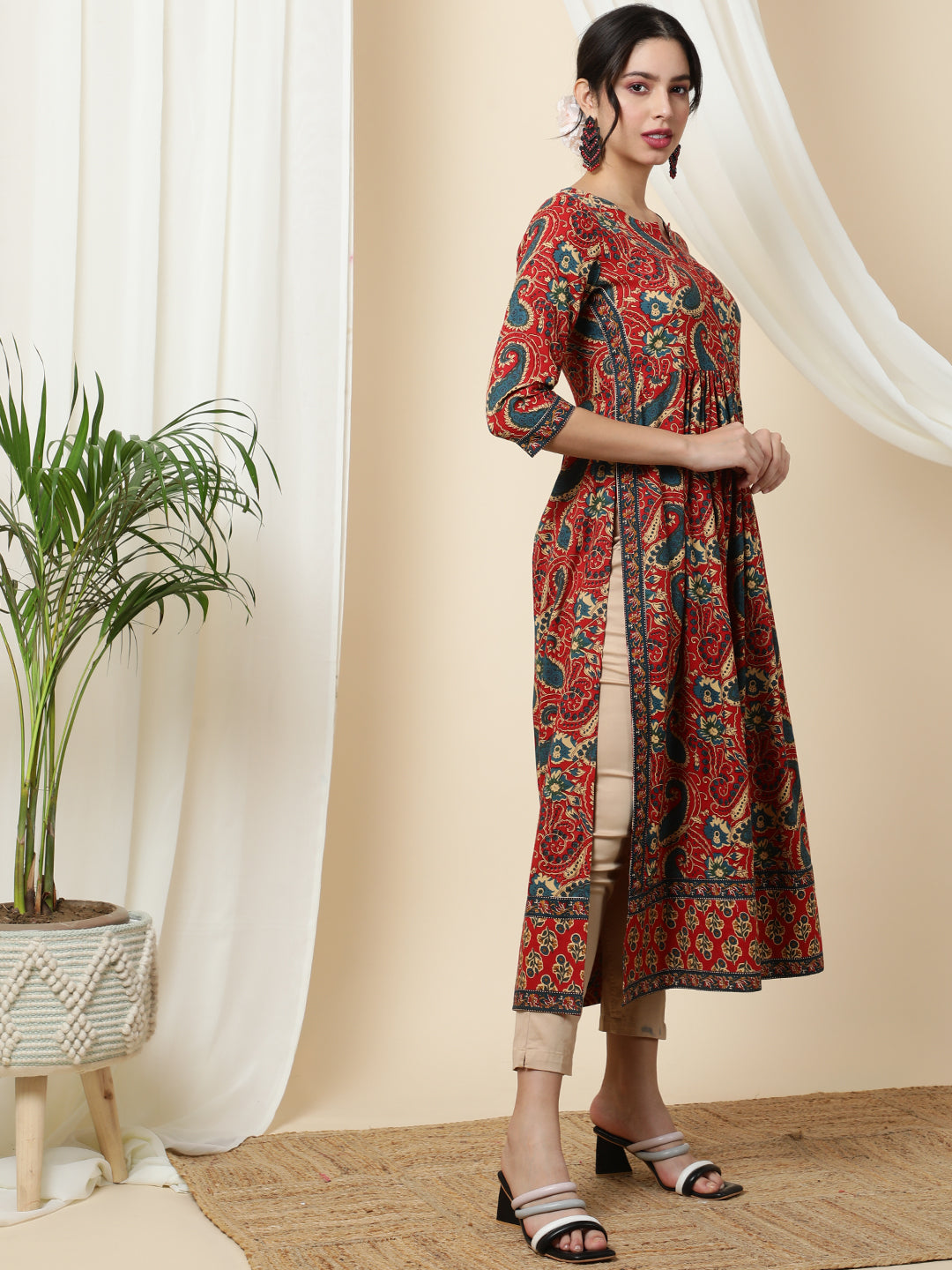 Rayon Calf Length Printed Semi-Flared 3/4 Sleeves Round Kurta - Image 5