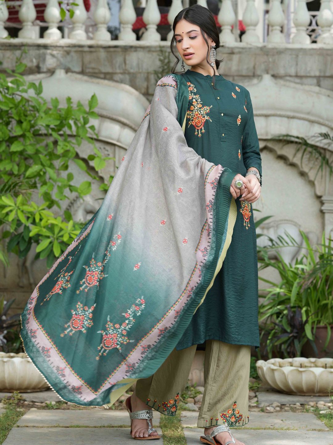 Bottle Green Mono Viscose Festive Wear Embroidered Straight Kurta Pant Dupatta Set - Image 4