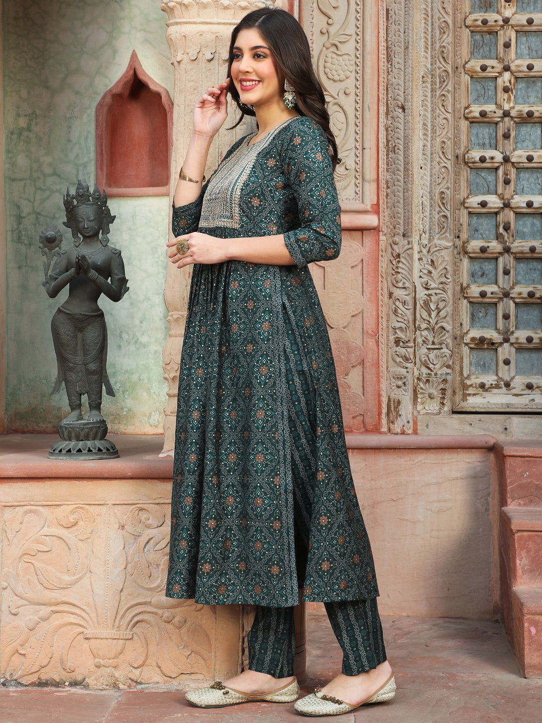 Rayon Calf Length Printed Semi-Flared 3/4 Sleeves Round Kurta Bottom Dupatta Set - Image 5