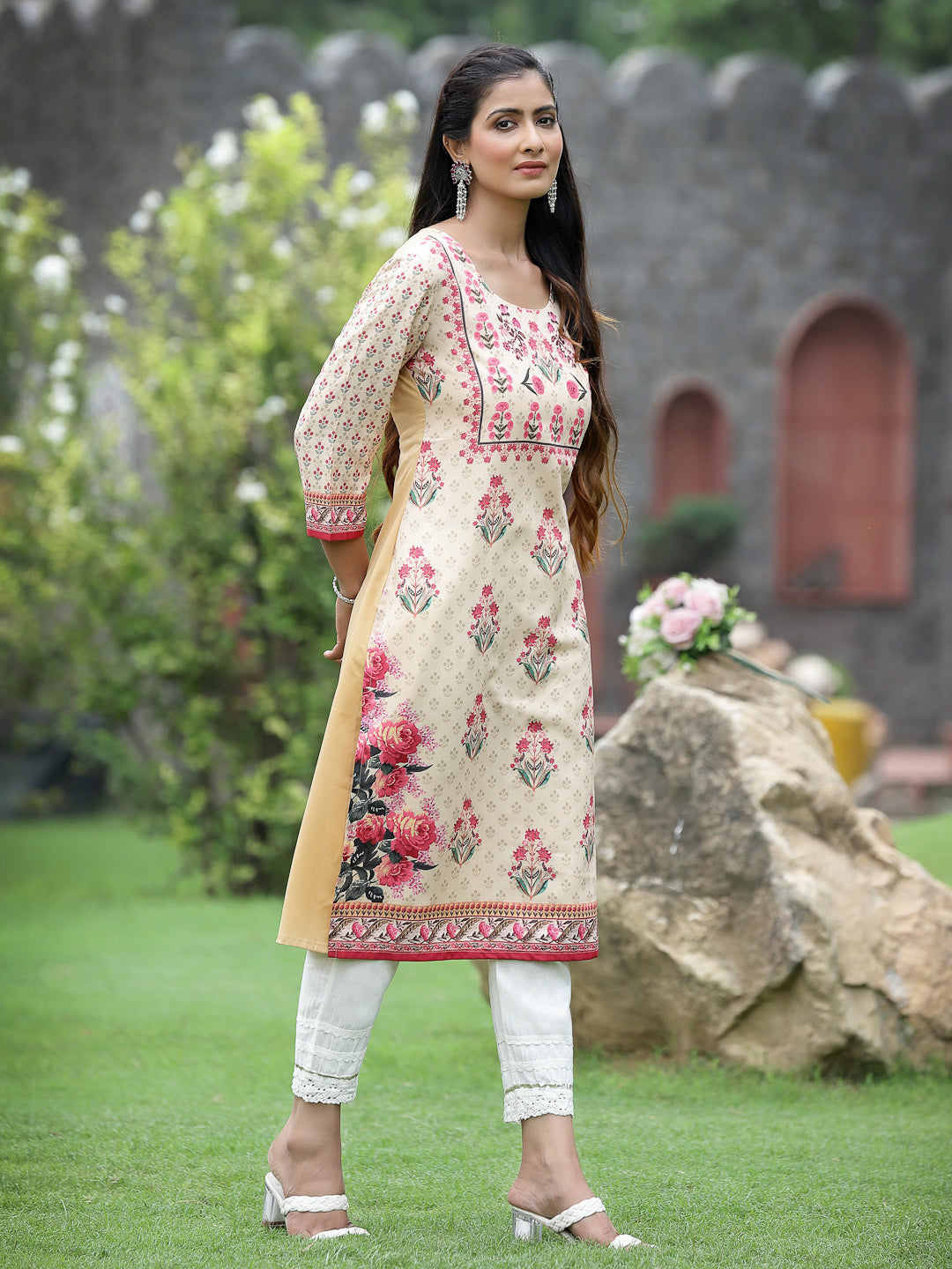 Beige Crepe Casual Wear Digital Printed Straight Kurta - Image 3