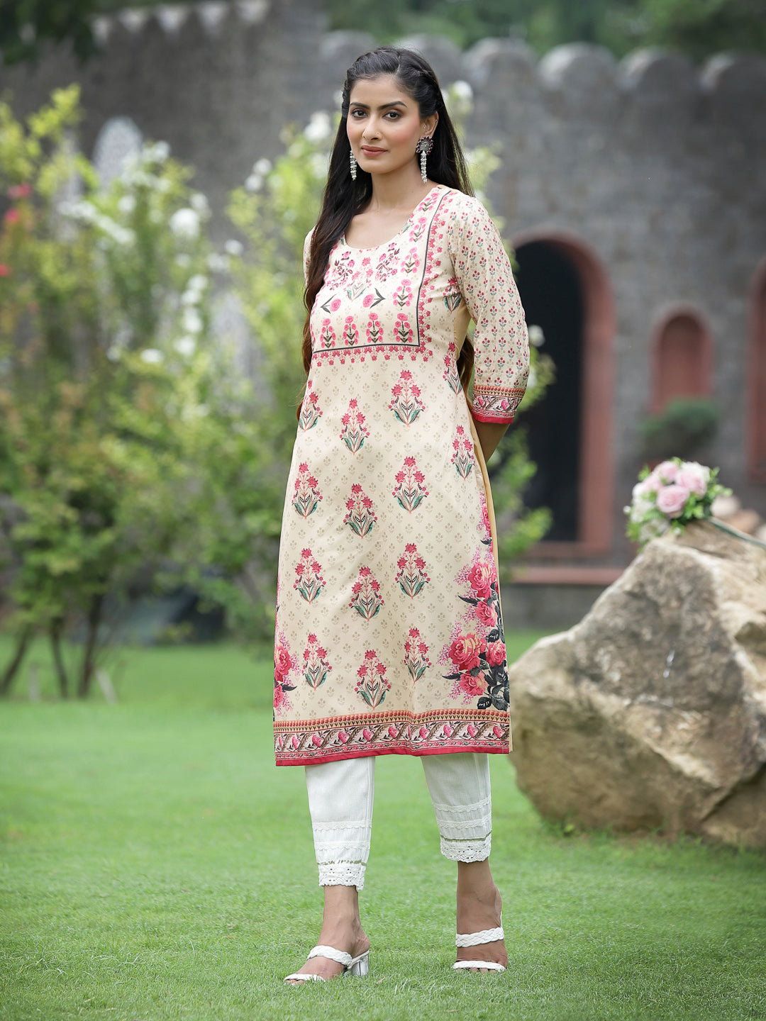 Beige Crepe Casual Wear Digital Printed Straight Kurta - Image 4