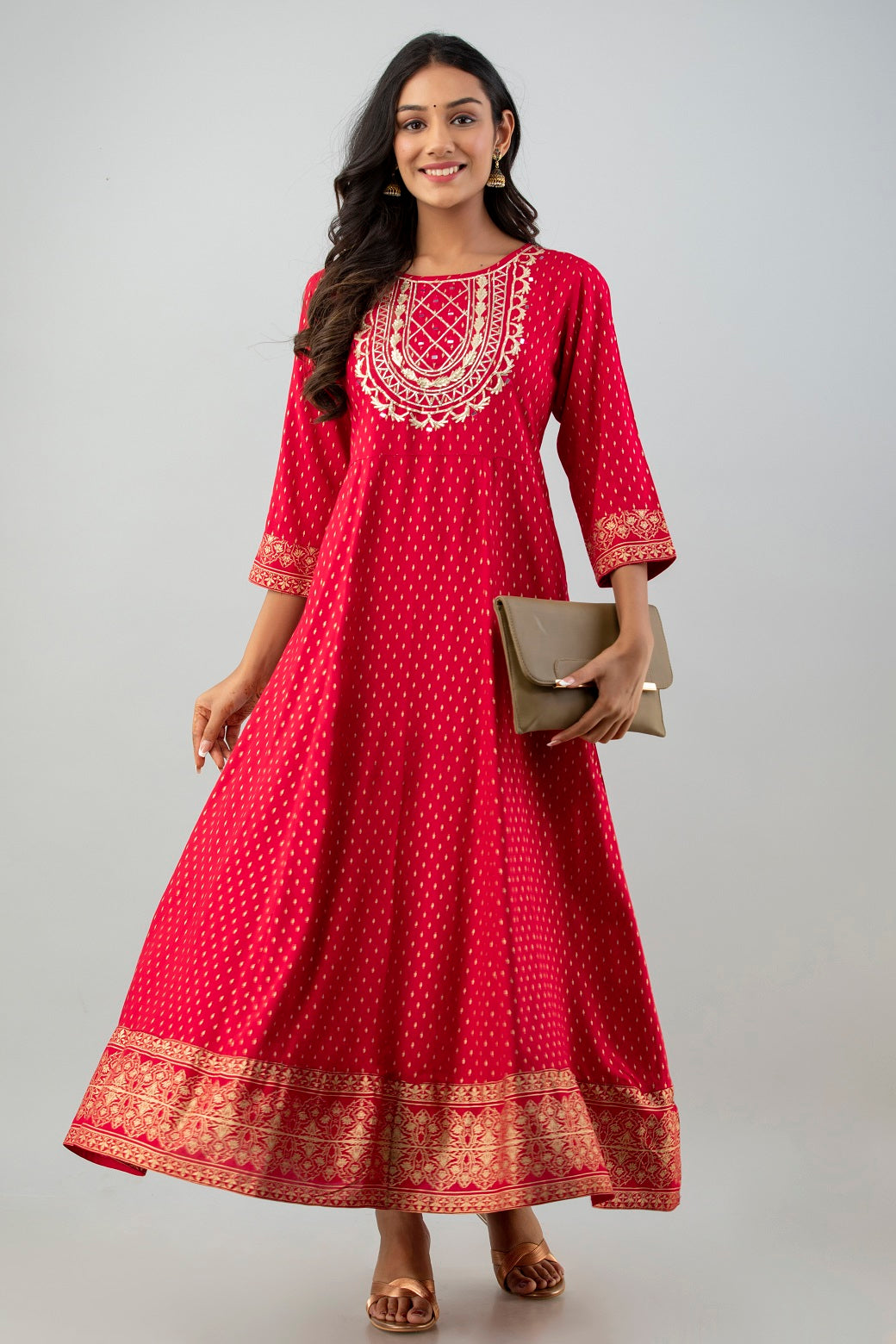Red Rayon Printed Flared Dress - Image 2