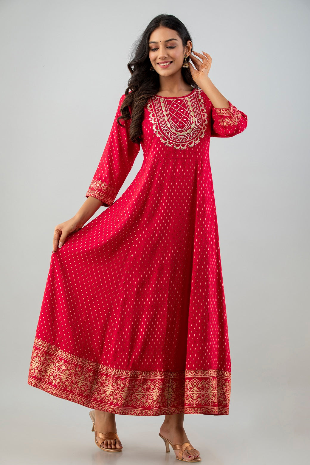 Red Rayon Printed Flared Dress - Image 3
