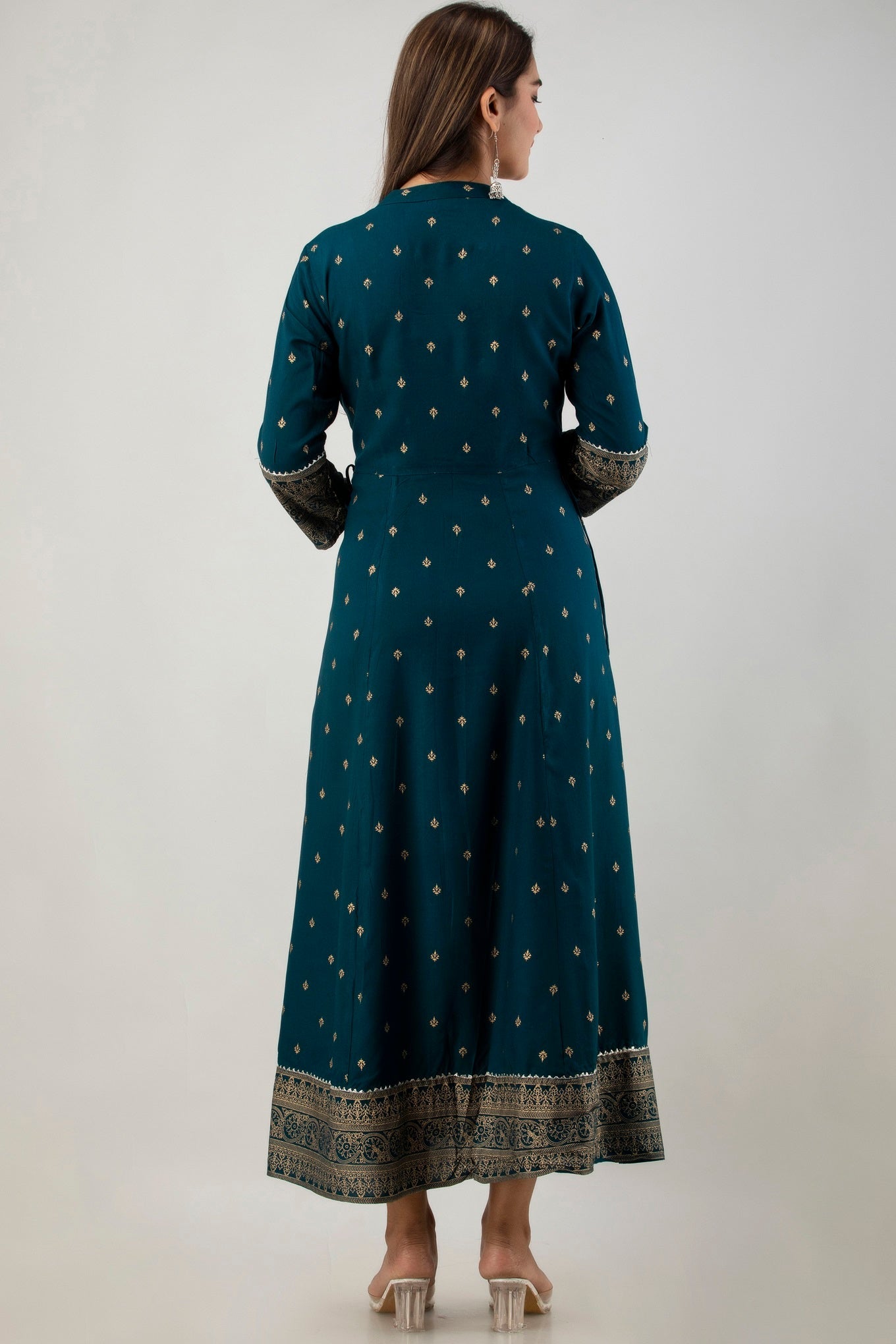 Teal Rayon Printed Flared Dress - Image 2