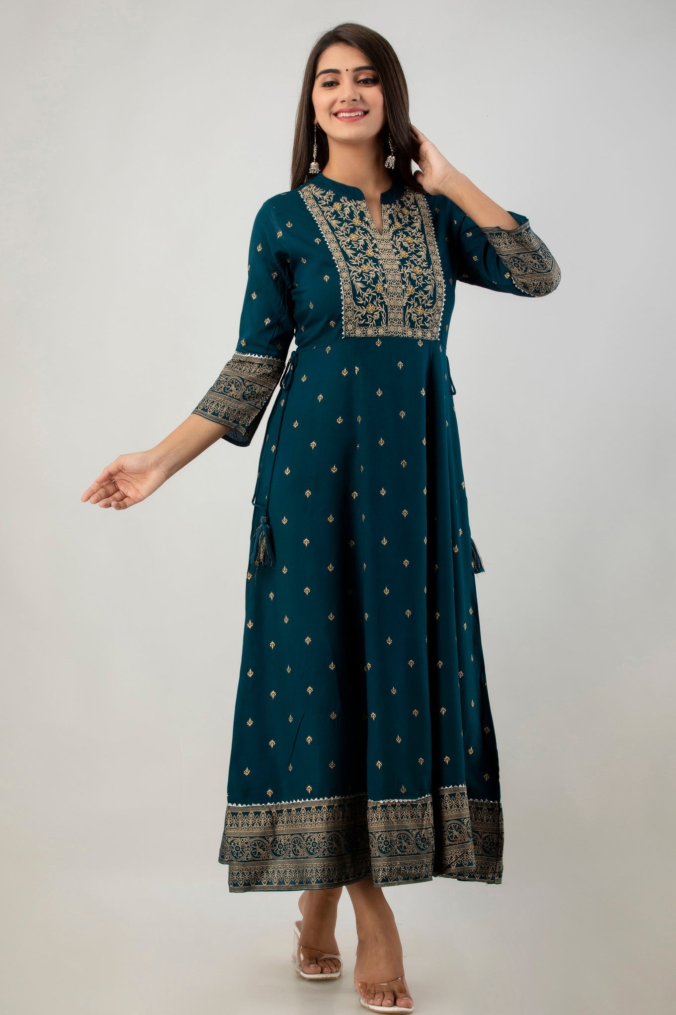 Teal Rayon Printed Flared Dress - Image 4
