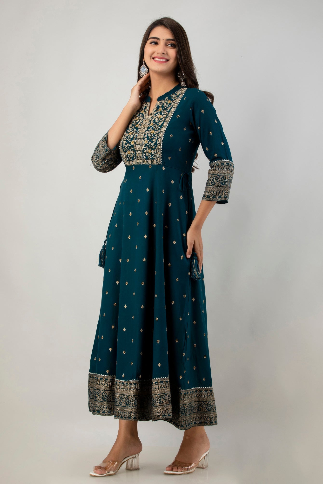 Teal Rayon Printed Flared Dress - Image 3